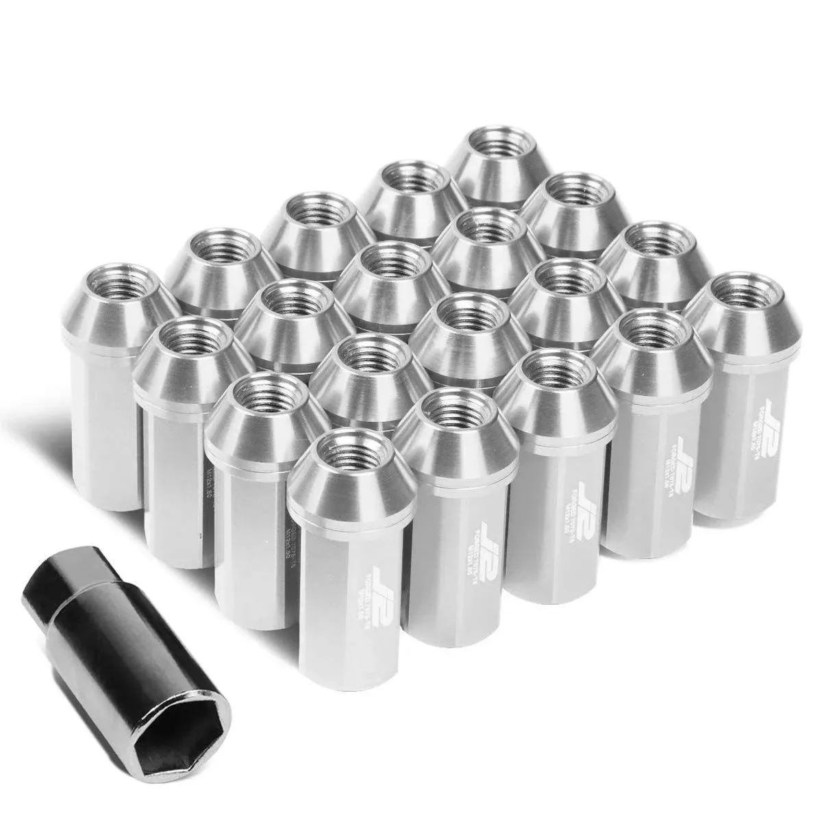 J2 Engineering LN-T7-005-15-SL 7075 Aluminum Silver M12x1.5 20Pcs L: 50mm Close-End Lug Nuts w/Adapter