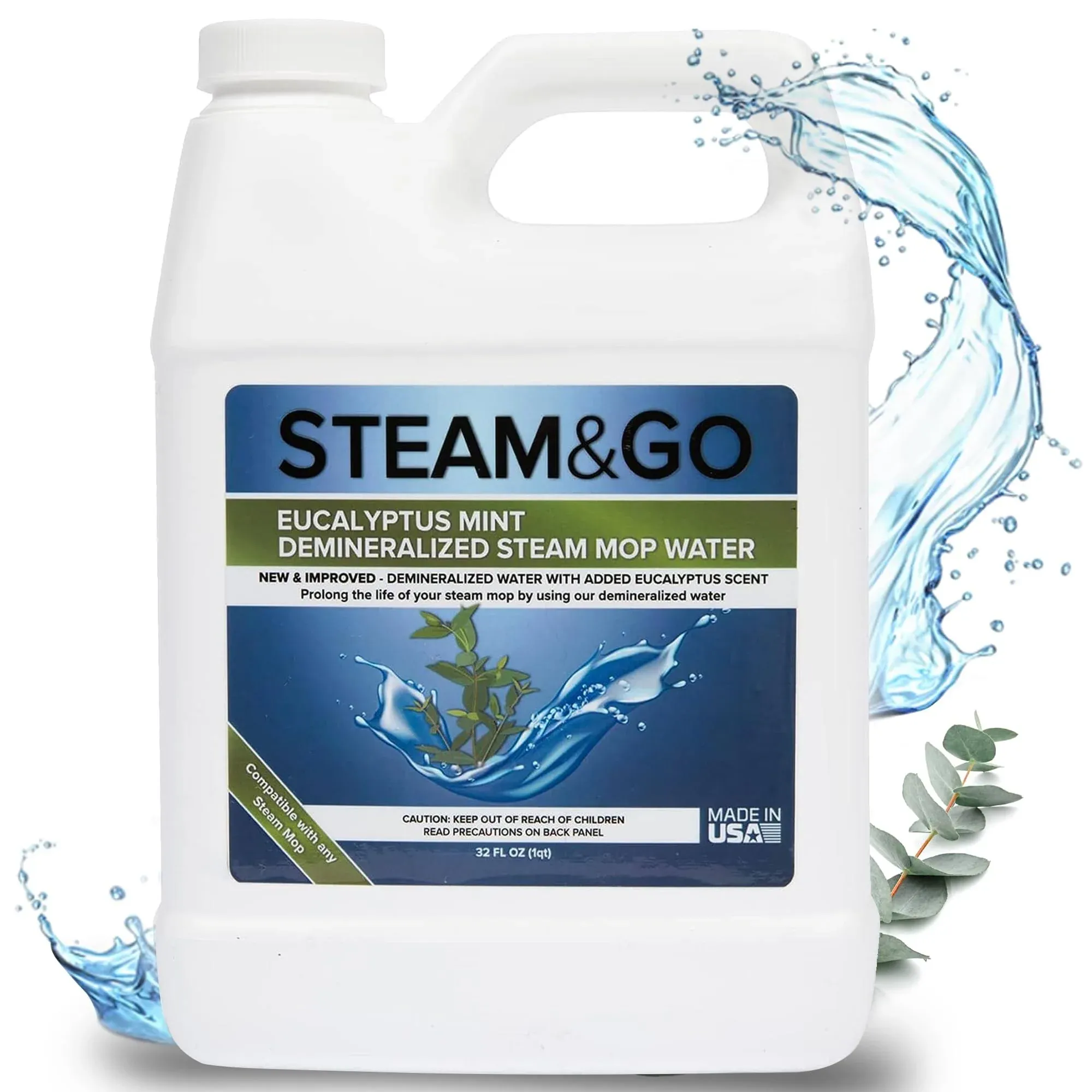 Steam and Go Demineralized Water - Multi-Surface Cleaning Solution for Steam Mop, Ready-to-Use Floor Cleaner, No PVC, Ideal for Home & Office, Compatible w/Any Mop - Eucalyptus Mint, 128oz, Pack of 1