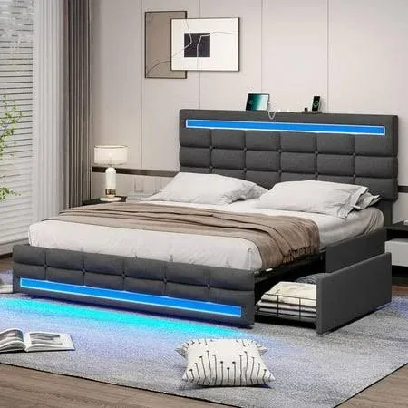 ADORNEVE LED Full Size Bed Frame with Storage Drawers, Upholstered Platform Bed Frame with 2 USB Ports, LED Lights Headboard Footboard, Square Stitched Button Tufted Design, Dark Grey