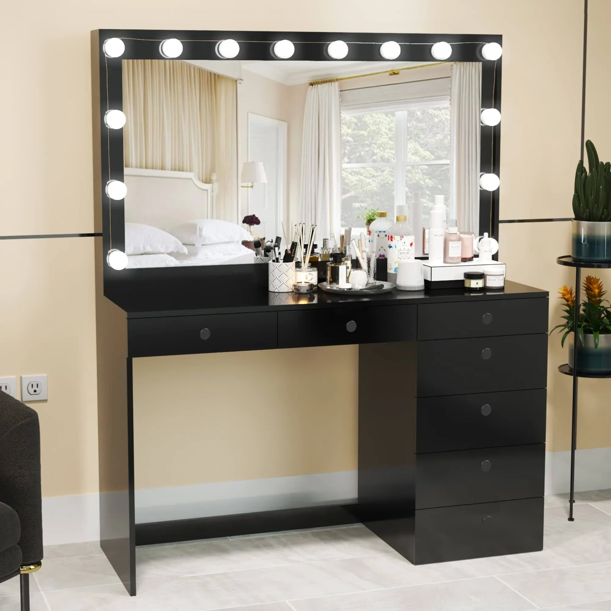 Diana Modern Lighted Vanity Table, Black Finish, for Bedroom