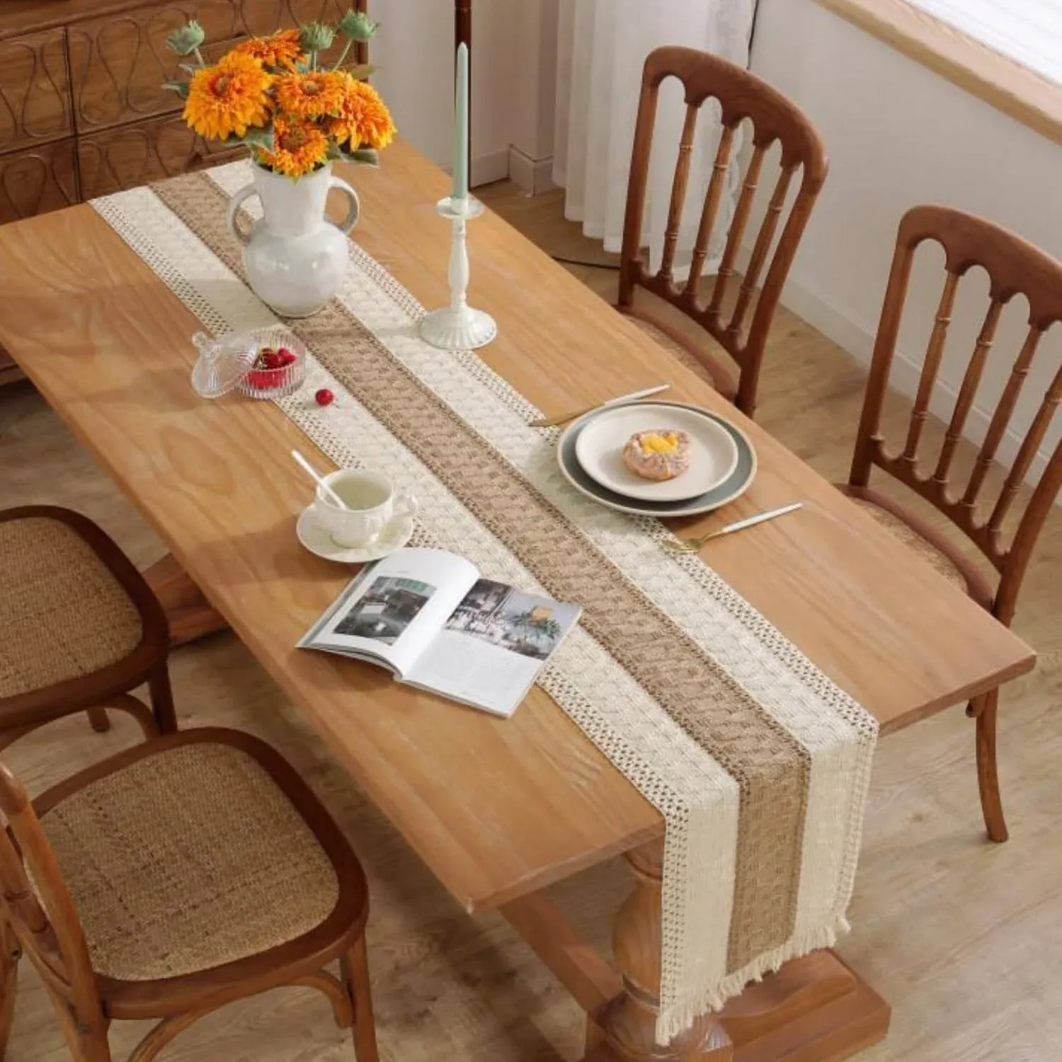 Macrame Table Runner 72 Inches Burlap Table Runner Splicing Woven Table Runne...