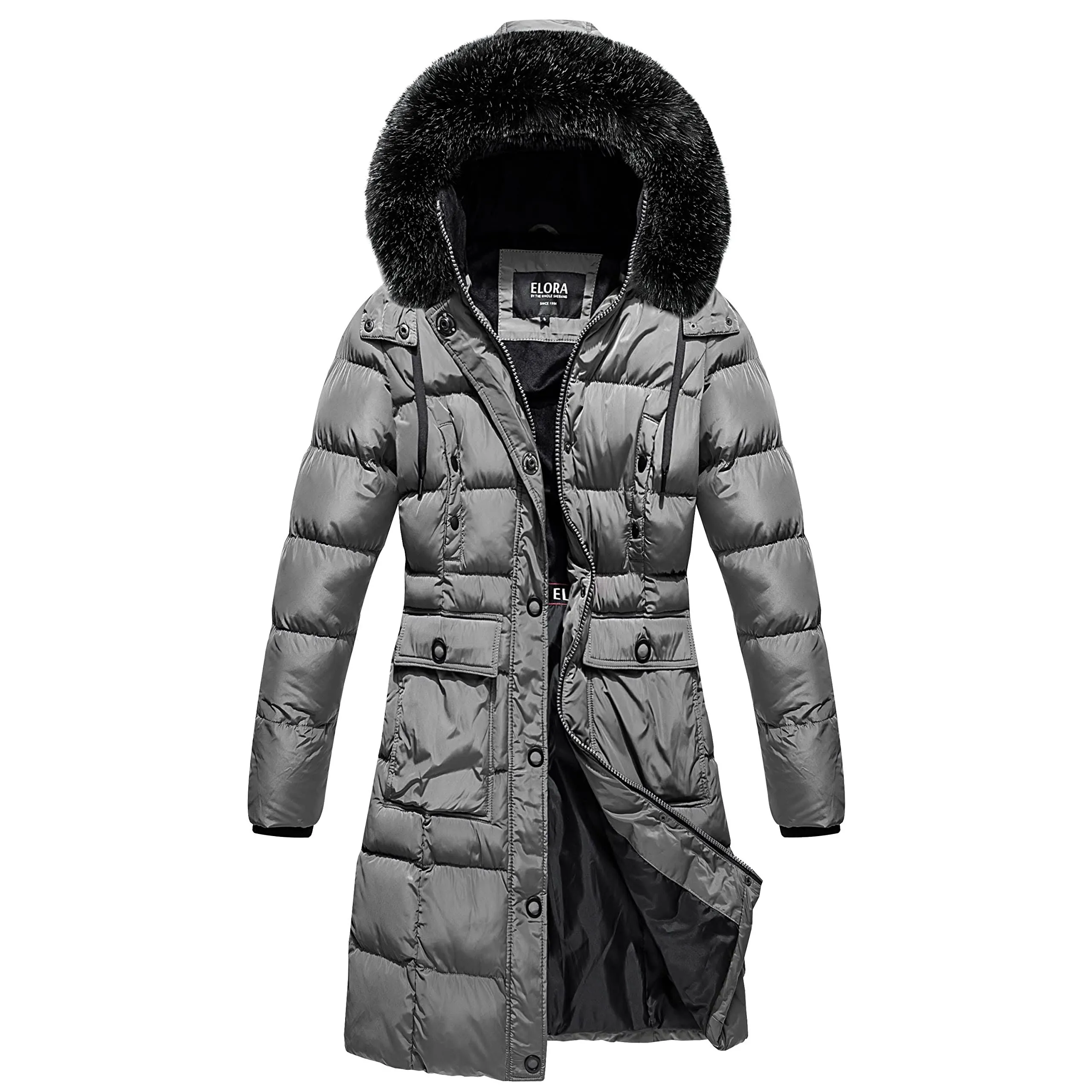 ELORA Heavyweight Women&#039;s Vegan Puffer Mid-Length Cargo Coat with Faux Fur... 