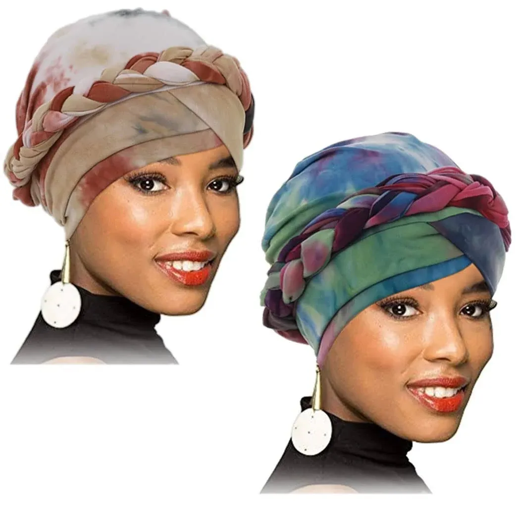 Woeoe African Turban Head Wraps One Size (Pack of 2)/(1 Count), Green, Brown 