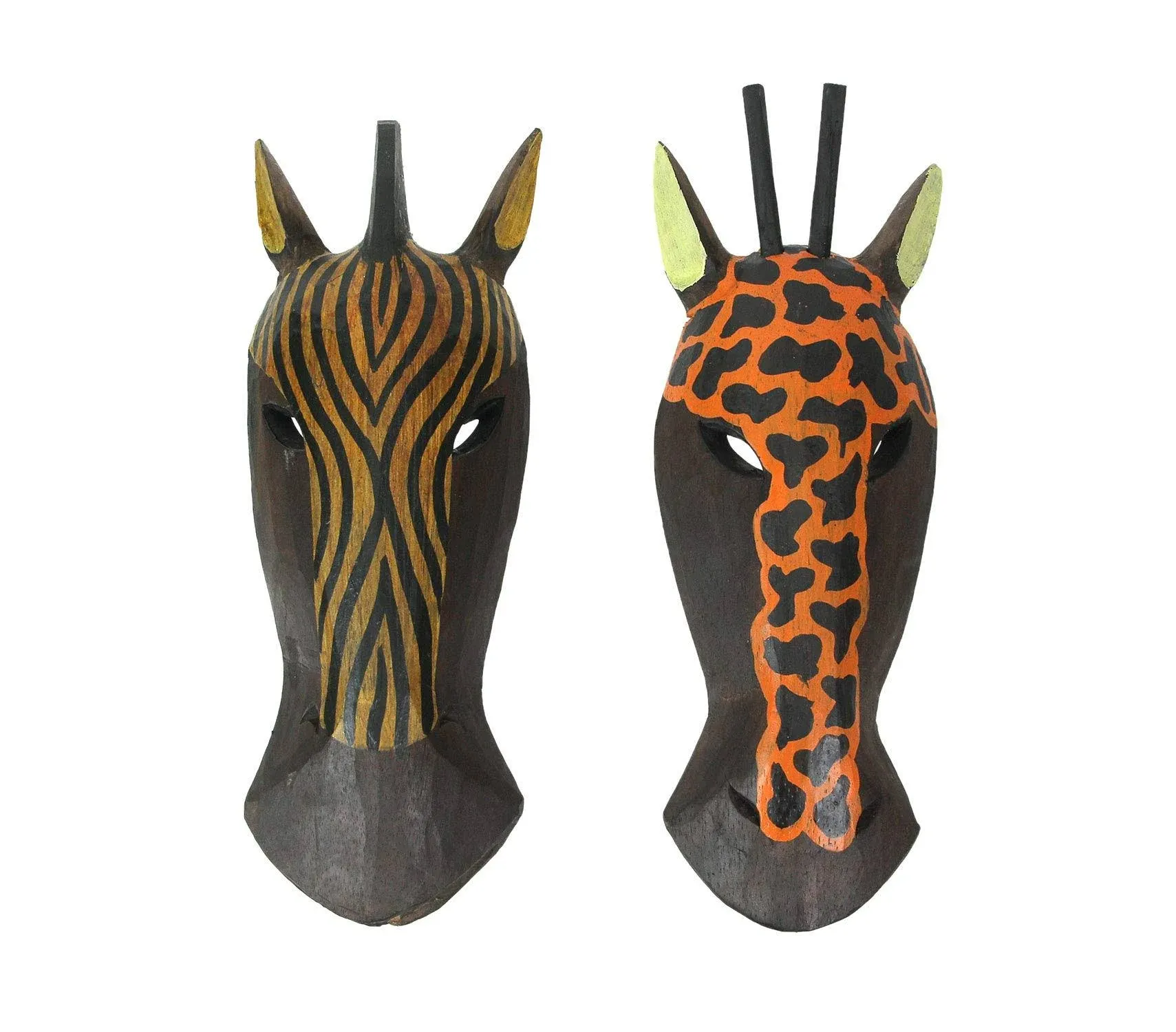 Pair of African Zebra and Giraffe Mask Wall Hangings 10 In.