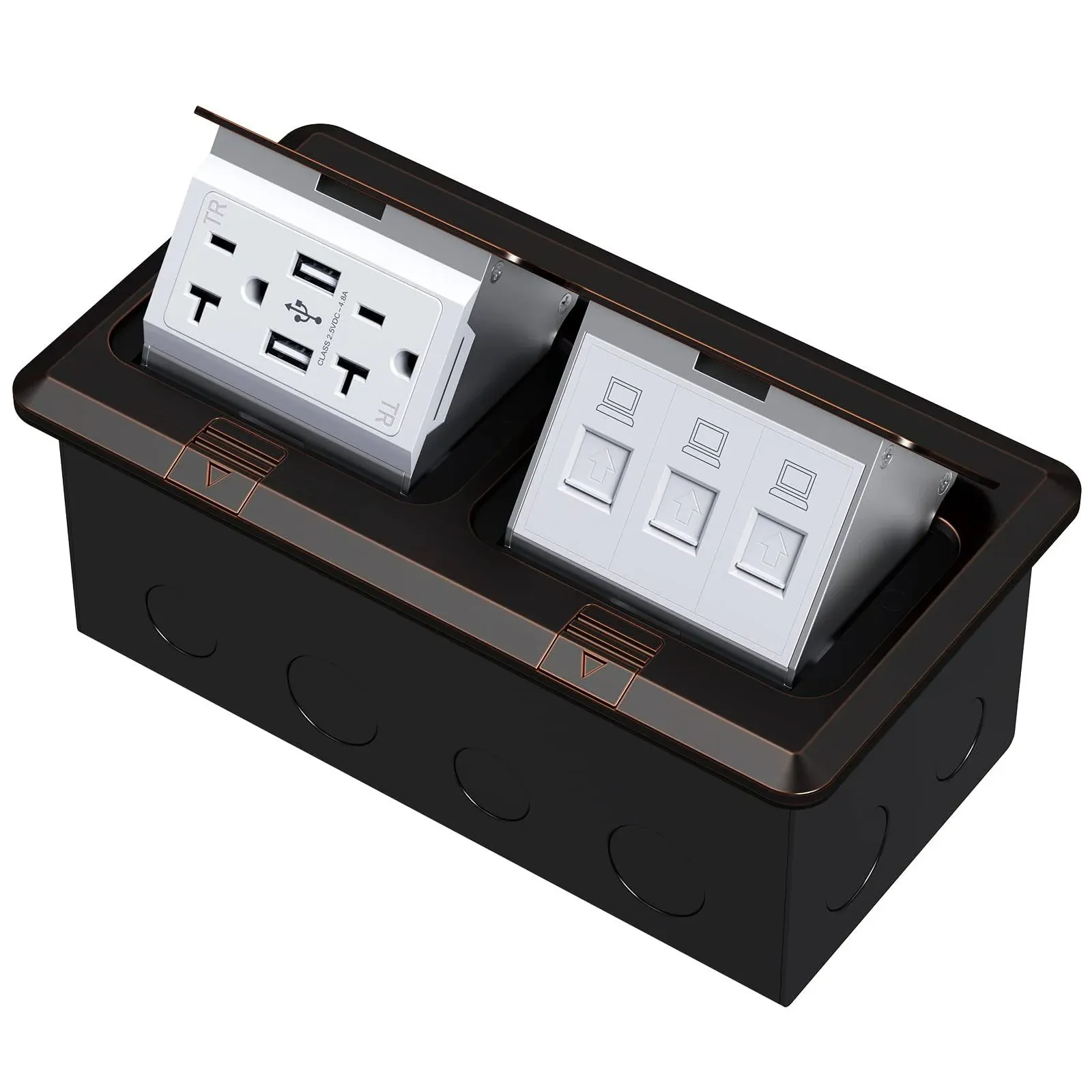 KYHSHJ Dual Pop-Up Floor Electrical Outlet Box Kit，20 Amp Stainless Steel USB TR Receptacle Outlet，3-Port RJ45 Datacom Receptacle，Oil Rubbed Bronze