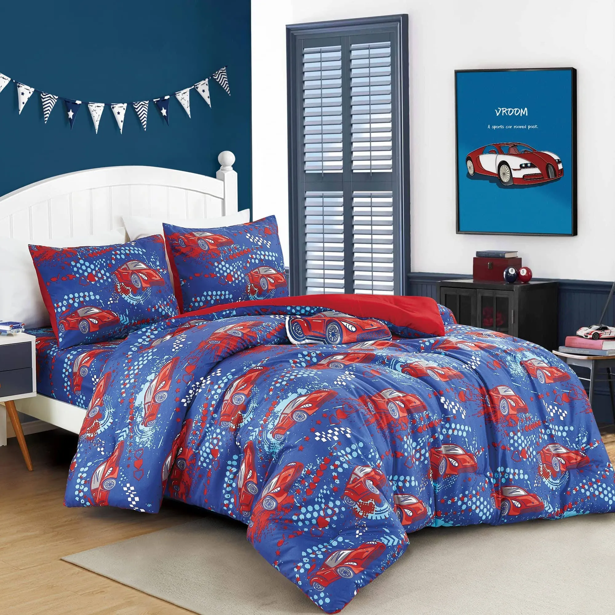 Red Race Cars print Comforter Set for Boys Girls teen Full size bedding for r...