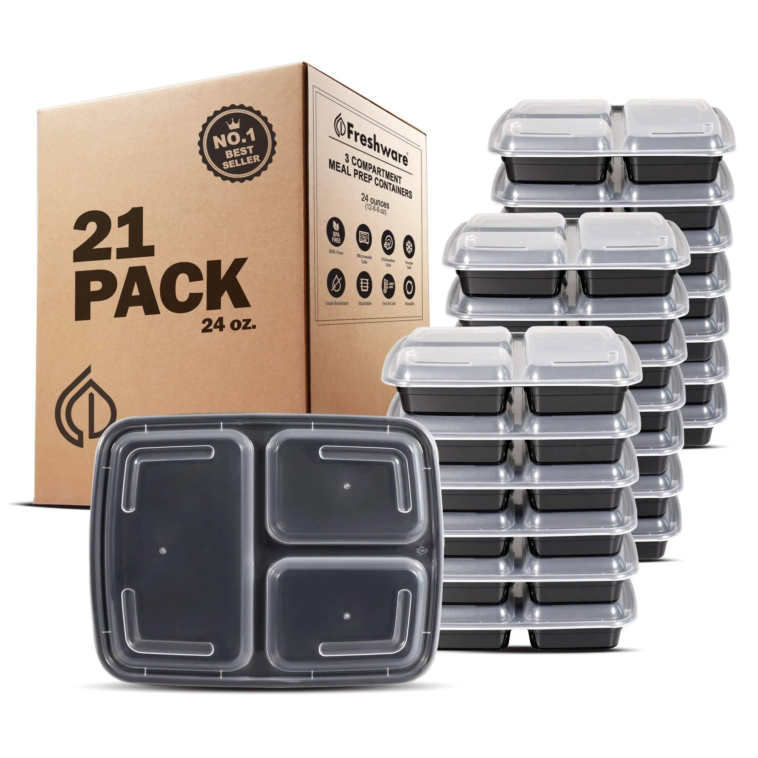 Freshware Meal Prep Containers 3 Compartment with Lids Food Containers