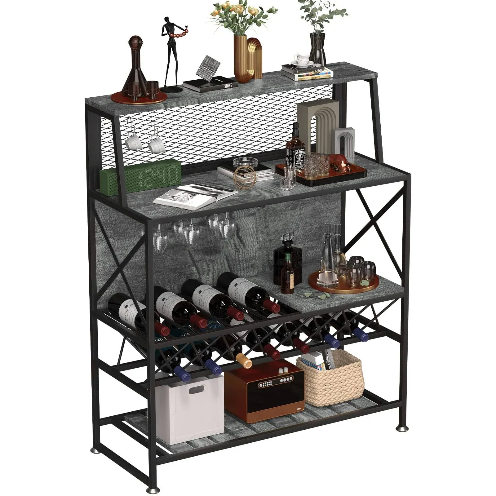 VEVOR Wine Rack Table Bar Cabinet Table w/ Wine Rack &amp; Glass Holder Industrial