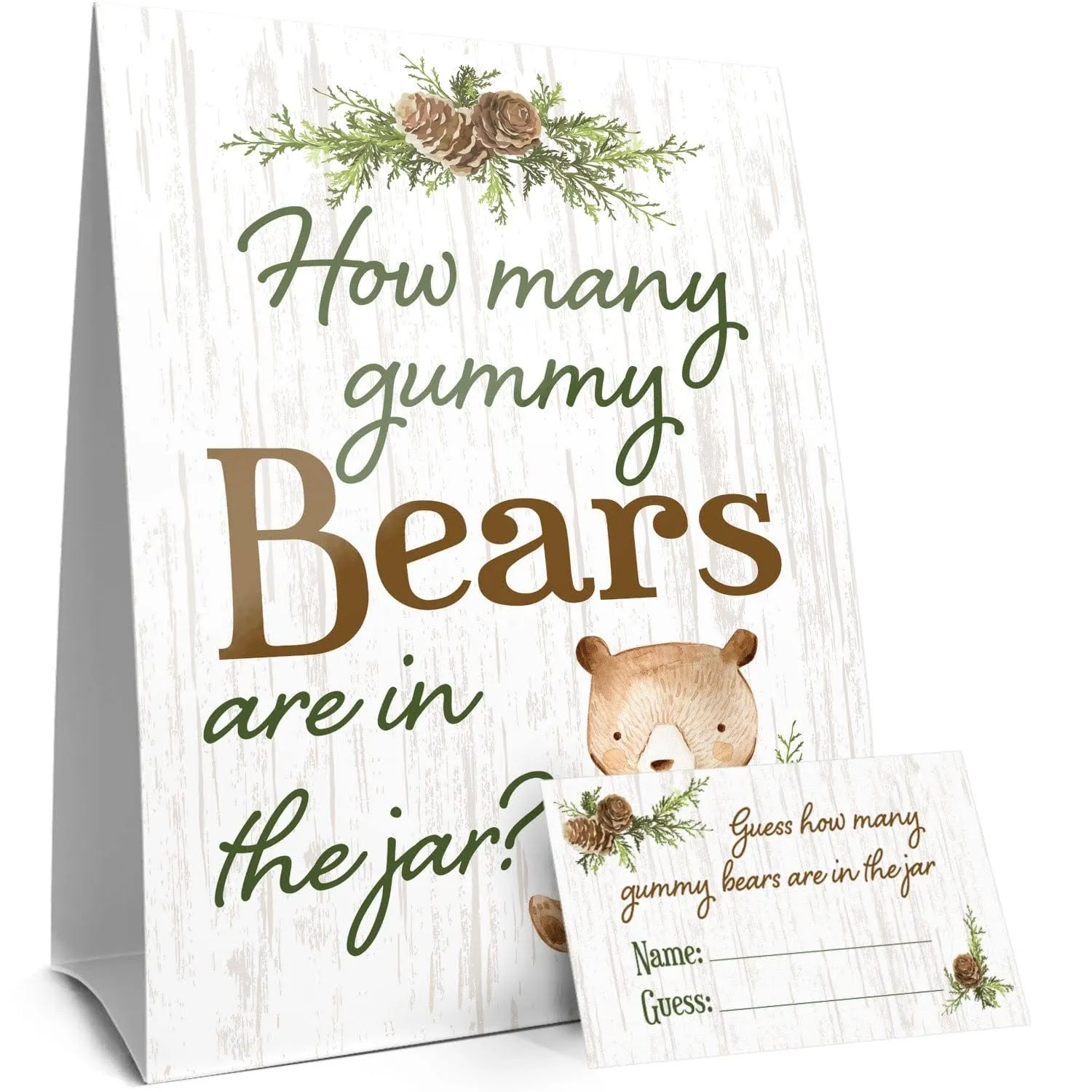 DISTINCTIVS Guess How Many Gummy Bears Woodland Baby Shower Game (Sign with Cards)