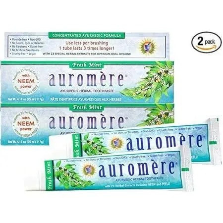 Auromere Ayurvedic Herbal Toothpaste, Fresh Mint - Vegan, Natural, Non GMO, Fluoride Free, Gluten Free, with Neem & Peelu (4.16 oz), 3 Pack