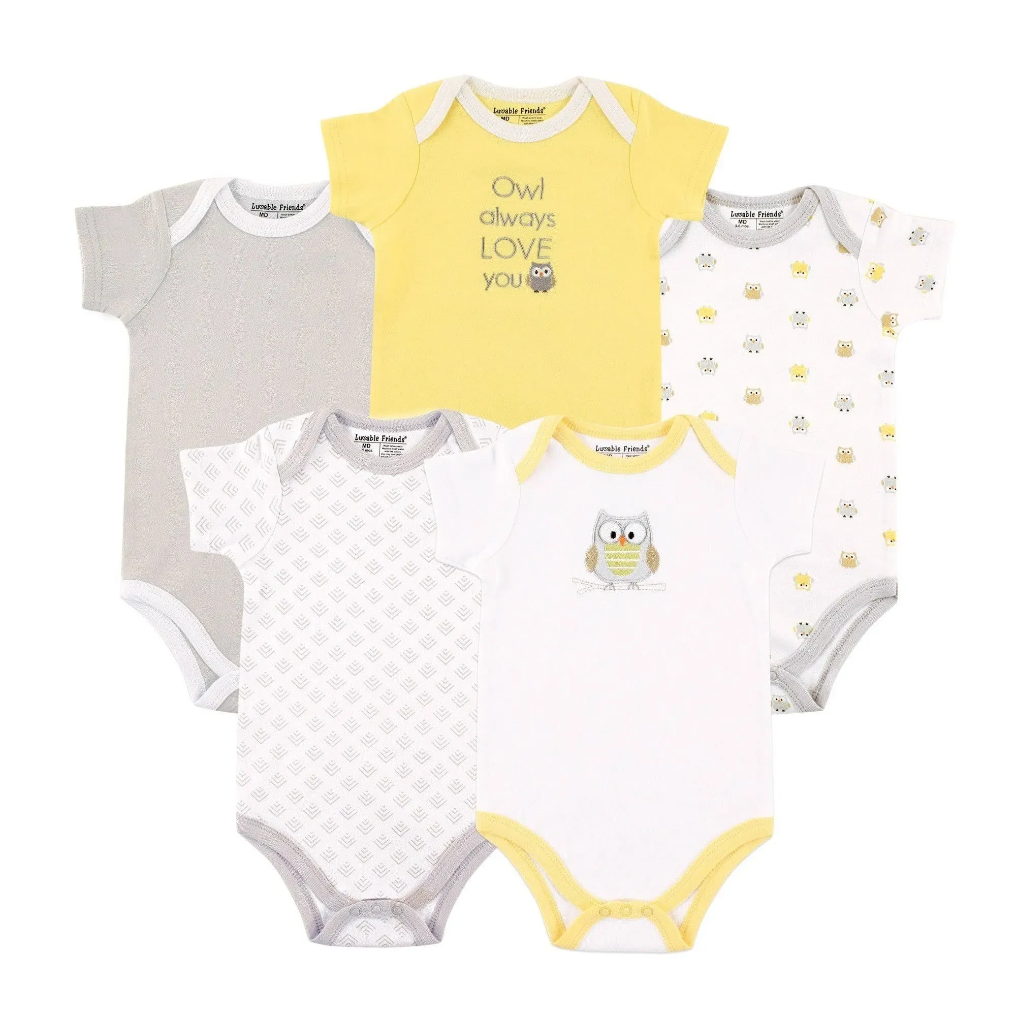 Luvable Friends Bodysuits, 5-Pack, 0-24 Months - Neutral Owl