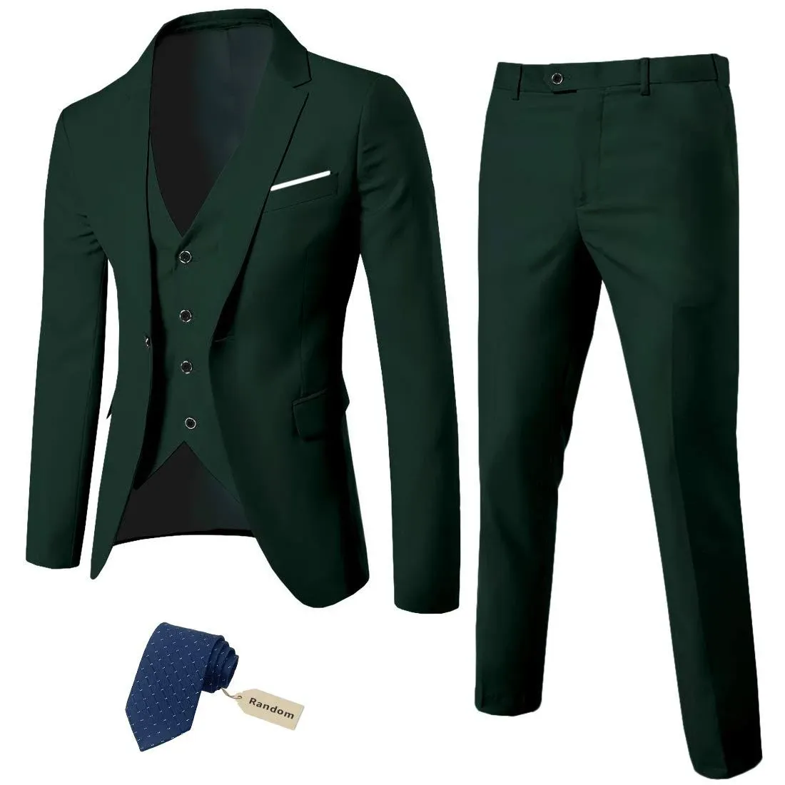 MYS Men's 3 Piece Slim Fit Suit Set, One Button Solid Jacket Vest Pants with Tie