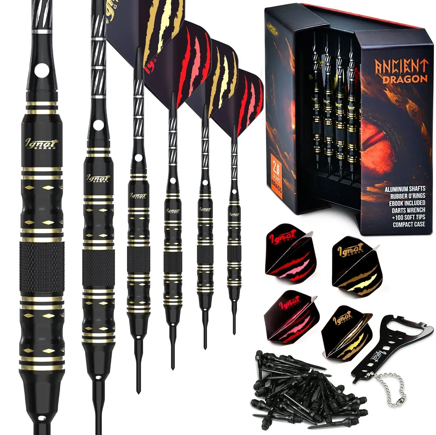 IgnatGames Darts Plastic Tip Sets - Soft Tip Darts for Electronic Dartboard - Plastic Tip Darts Set with Aluminum Shafts, O'rings, 100 Dart Tips and 16 Flights + Darts Wrench + Innovative Case