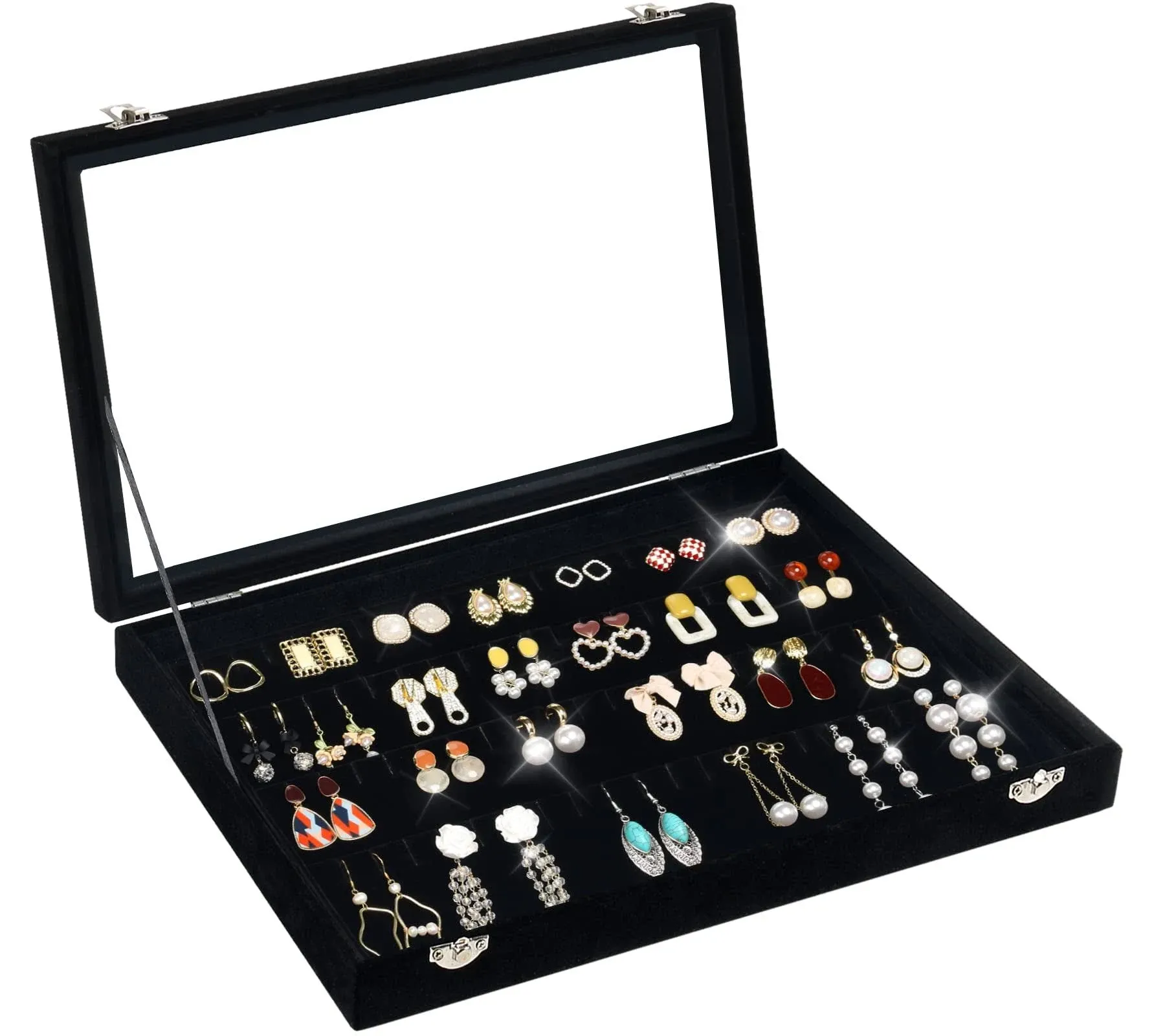 Jenseits Earring Organizer Tray with Clear Lid: Velvet Drawer Jewelry Display Case with 80 Slots and Lock - Ideal for Earrings, Perfect for Women and Girls in Elegant Black