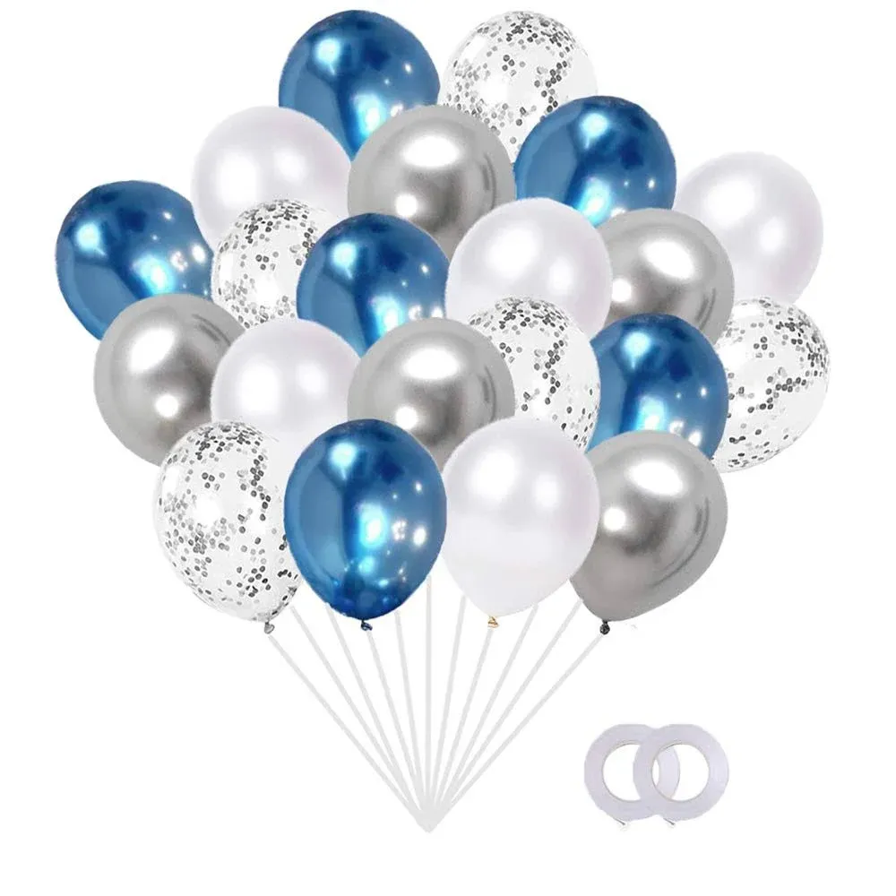 L-CUTE Metallic Blue Silver Confetti Pearl White Silver Balloons Party Set(60Pack ...