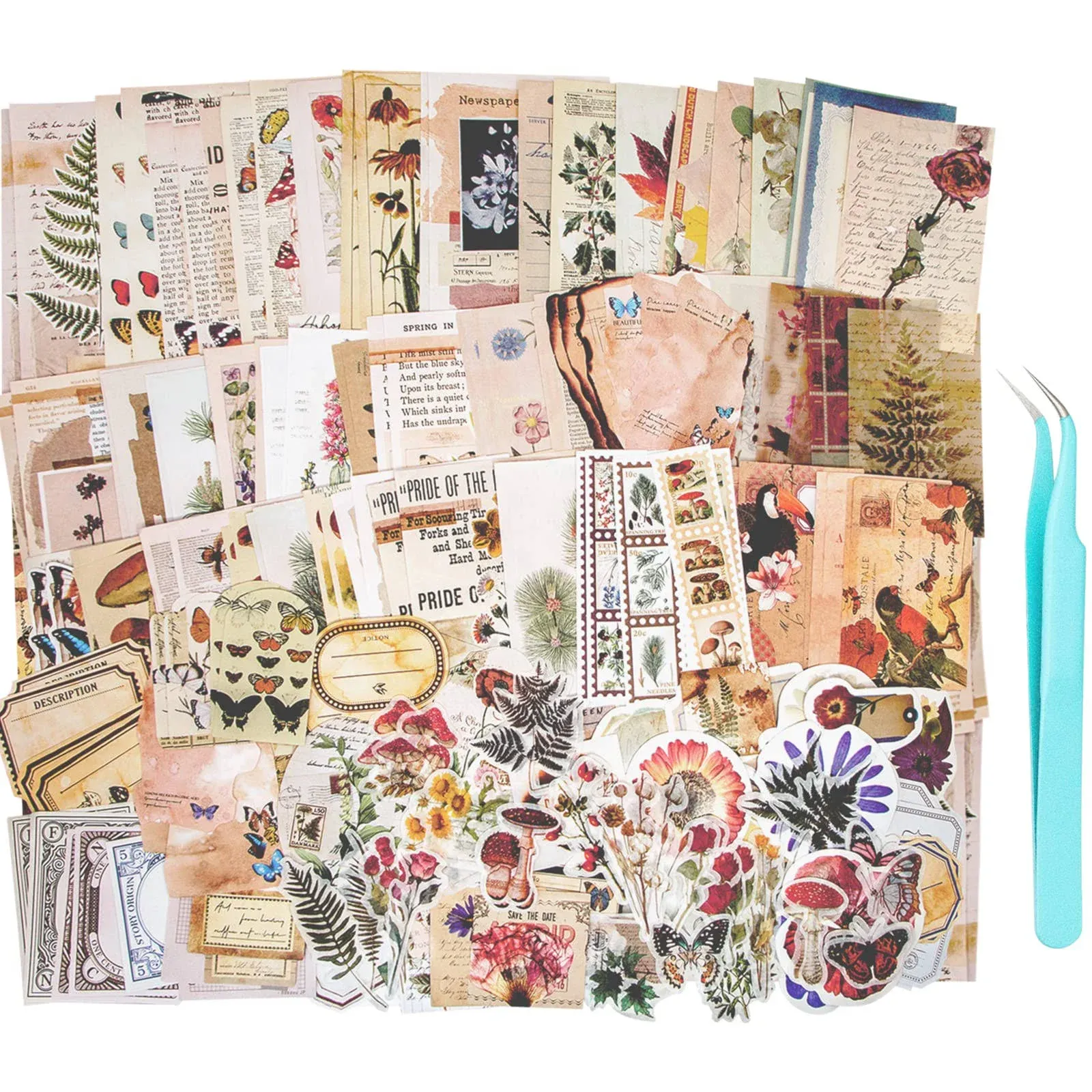 Aromoty 260 Pieces Vintage Aesthetic Scrapbooking Supplies Stickers,Art Washi Stickers Paper Stationary Kit Bullet Junk Journals,Daily Planner,DIY Craft Tweezers,Cottagecore Decor Gifts