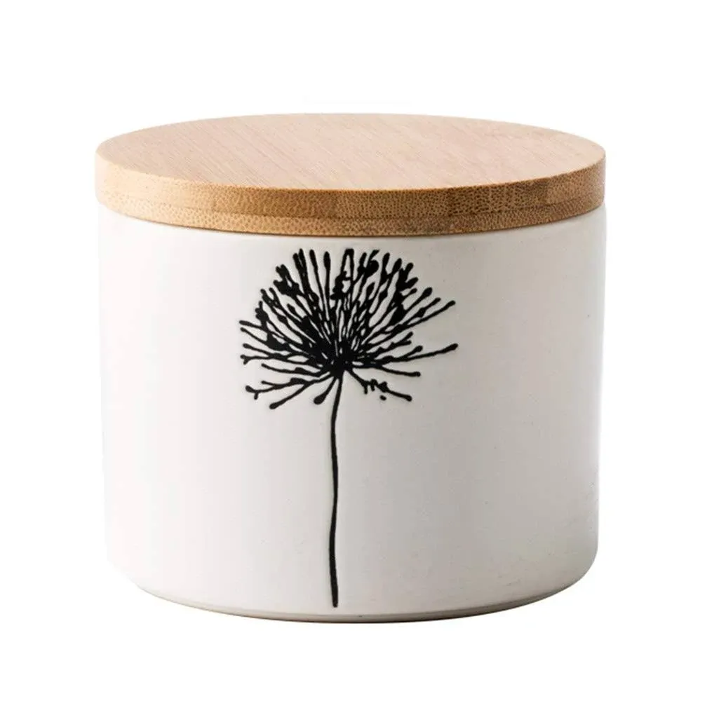 Ceramic Retro Flower Sugar Bowl Spice Jar Storage Pot with Wooden Lid