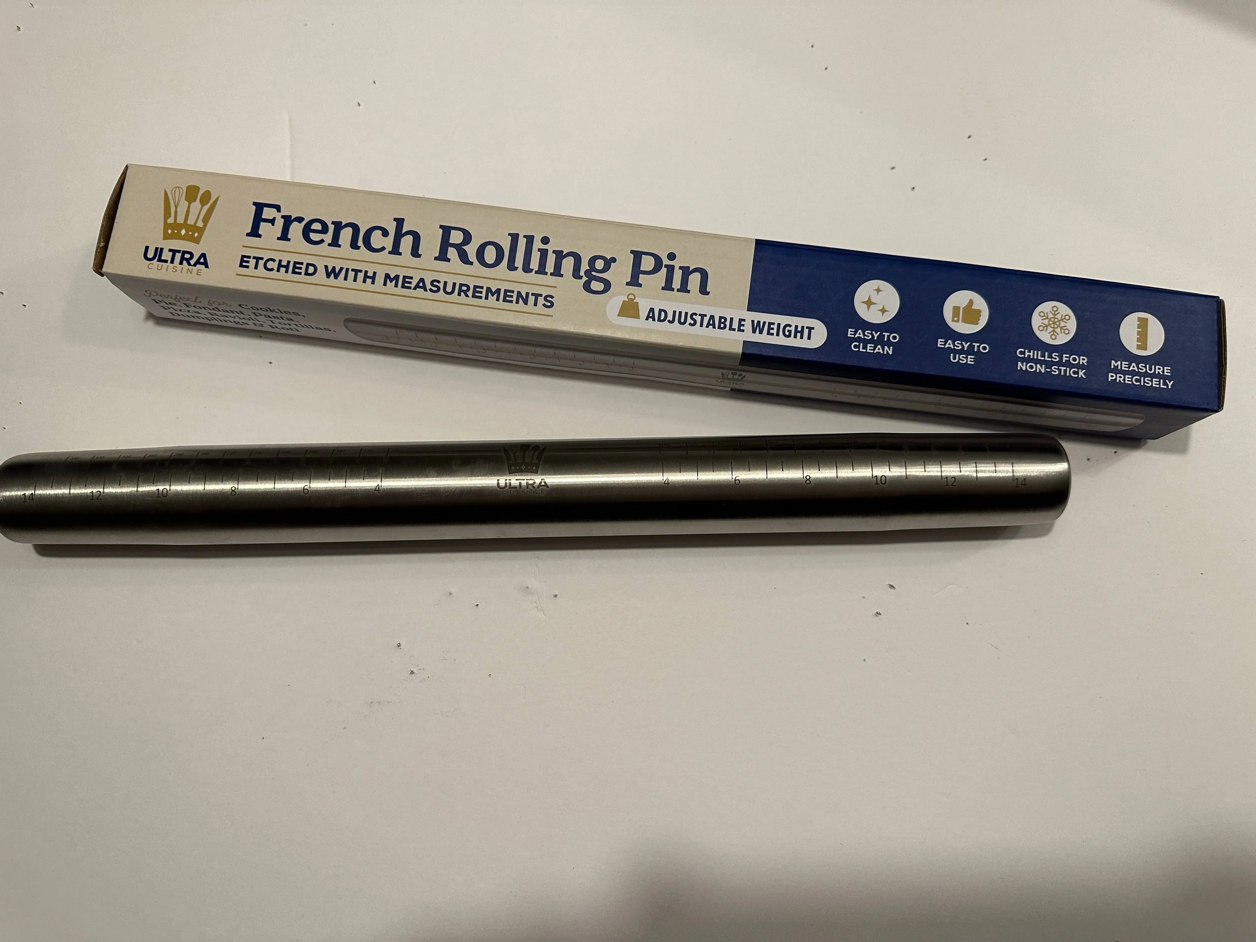 ULTRA CUISINE FRENCH ROLLING PIN MEASURING TAPERED STAINLESS STEEL DESIGN BAKING