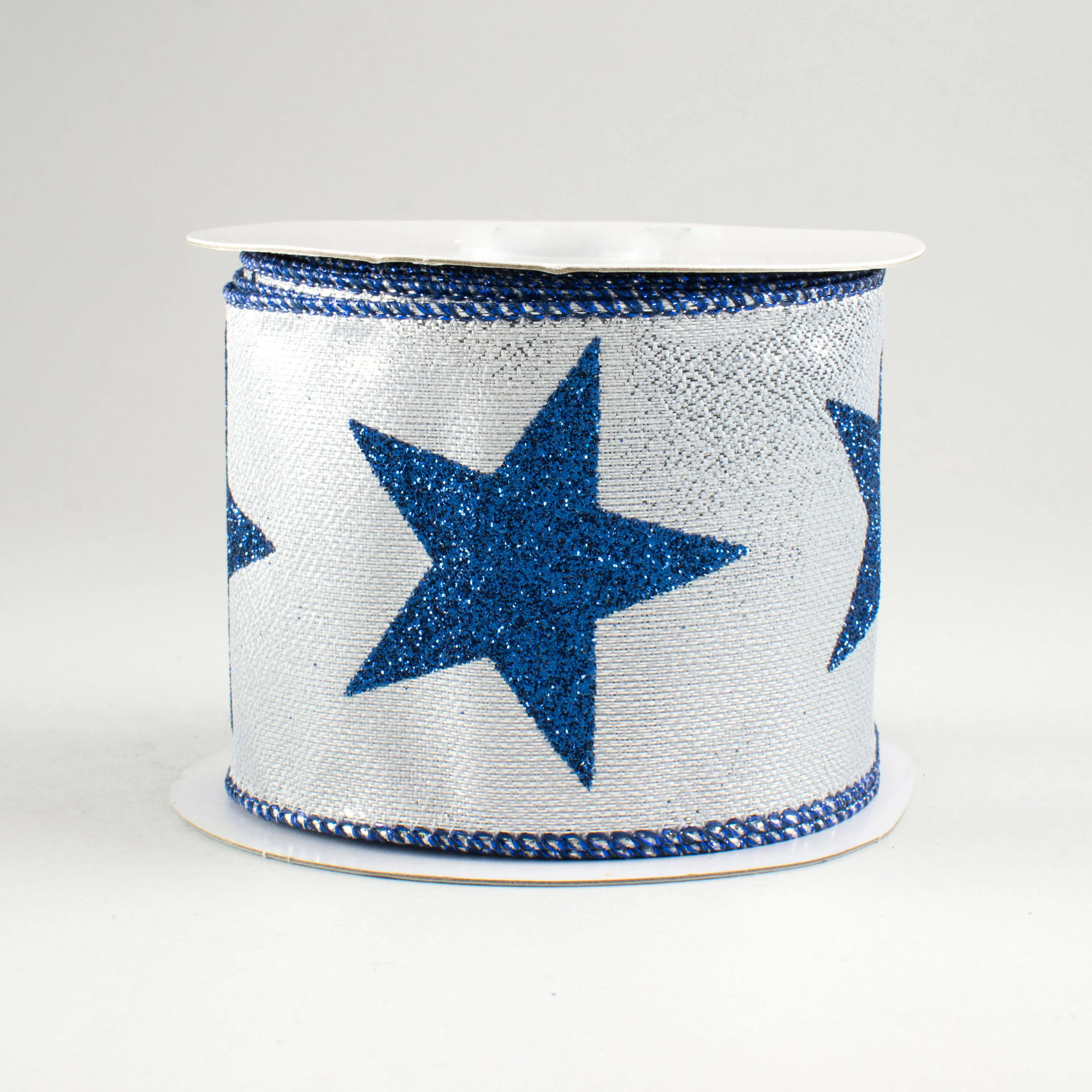 2.5" Metallic Star Ribbon: Silver & Navy (10 Yards)