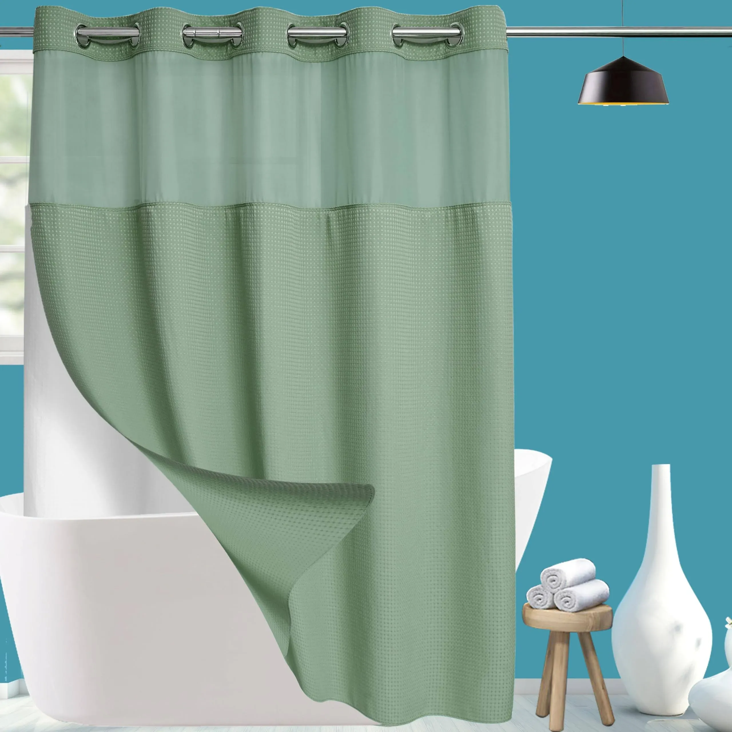 Sage Green Hotel Grade Fabric Shower Curtain Set with Snap in Liner for Bathroom with See Through Top Window, Waffle Weave Shower Curtain, Machine Washable Shower Curtain (Sage Green,71W x 74H)