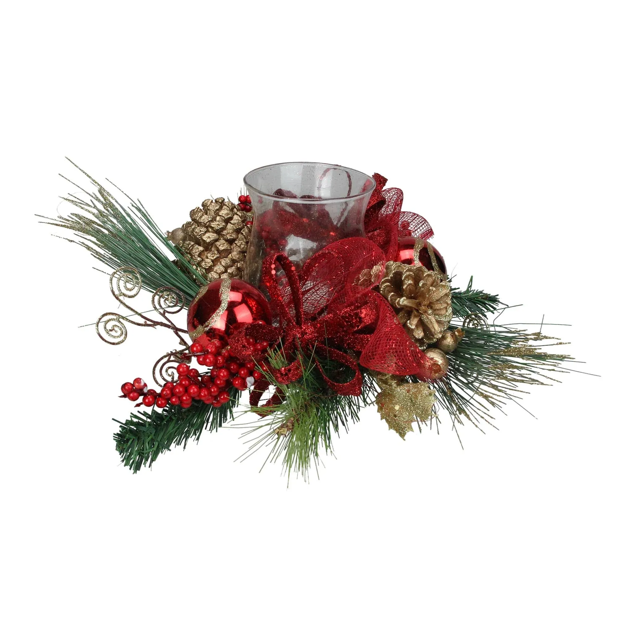 18'' Pine Sprigs and Glittered Berries Christmas Hurricane Candle Holder