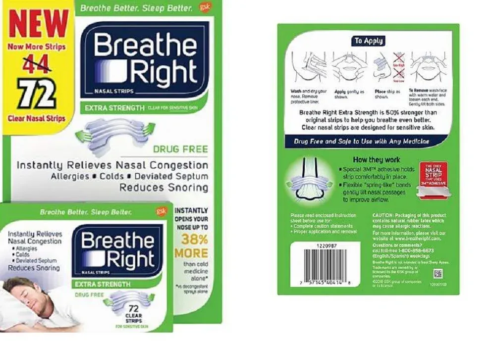 Breathe Right Extra Strength 72 Clear Nasal Strips