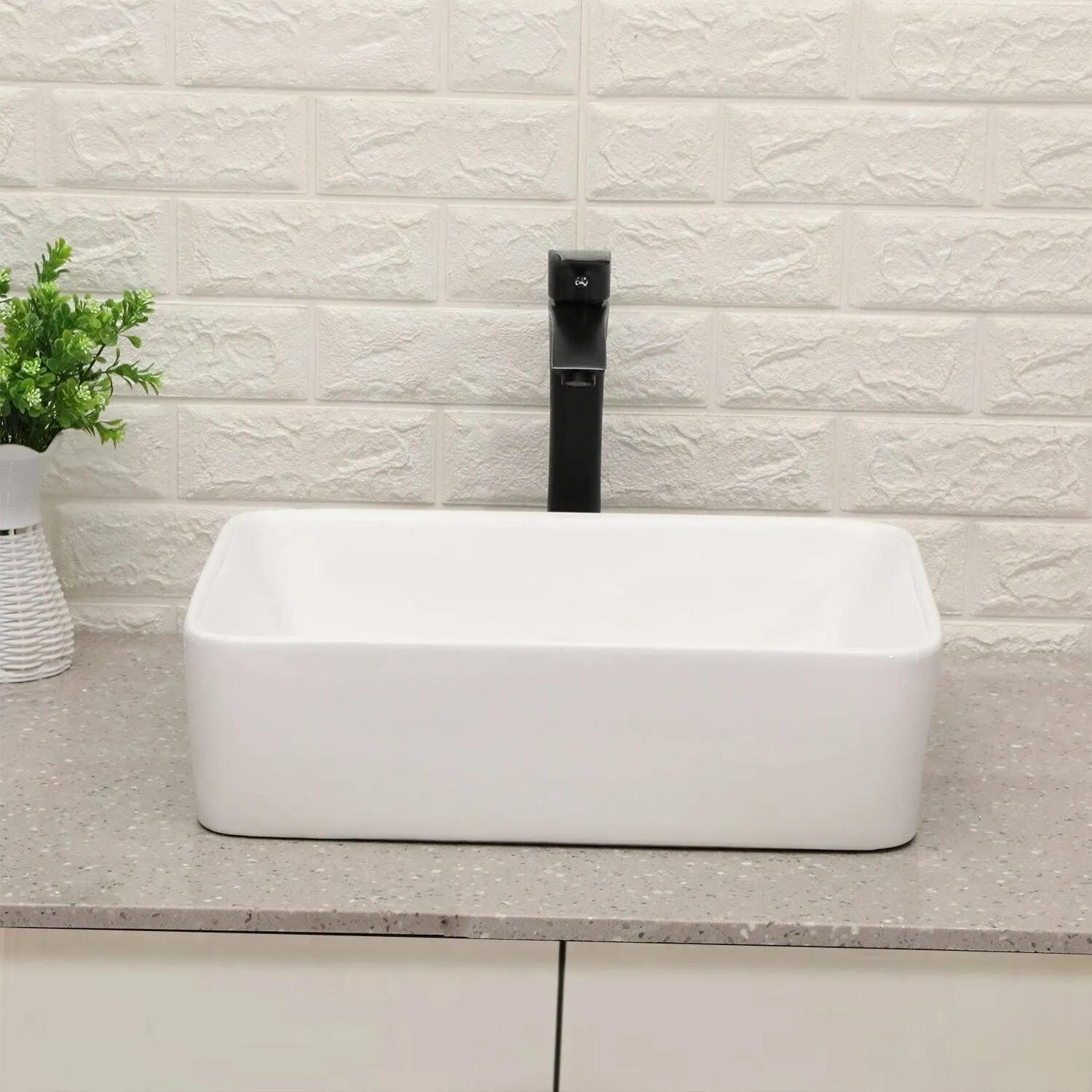 Lordear Vessel Sink Combo 19 x 15 White Bathroom Sink With Faucet Above Counter Rectangle White Ceramic Porcelain Sink with Matte Black Faucet Single Handle Combo