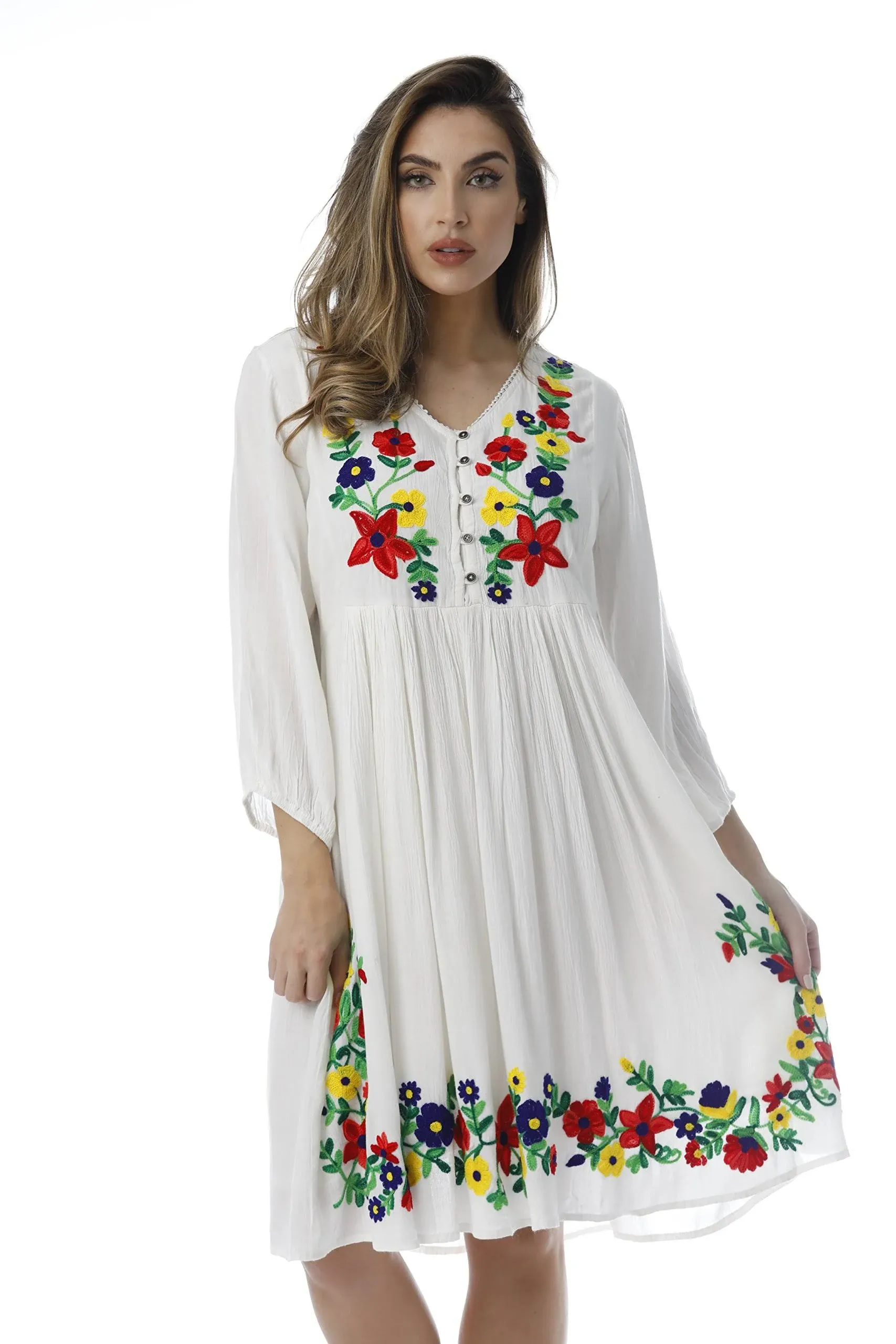 Riviera Sun Embroidered Dress with 3/4 Sleeve