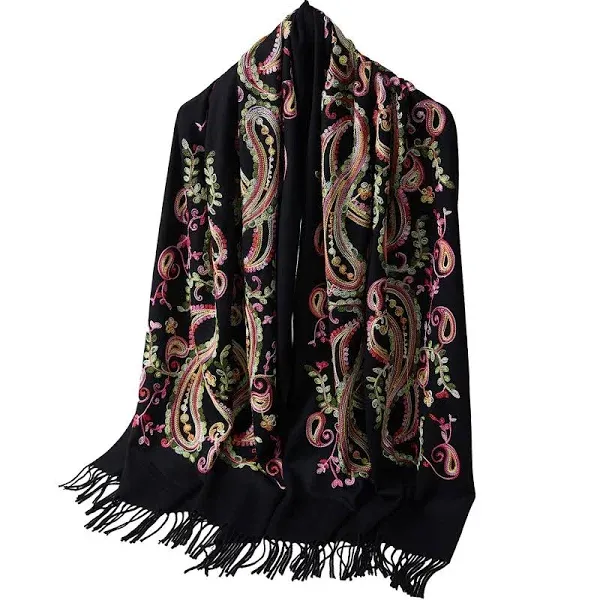 Embroidered Paisley Leaves Shawl Brushed Cashmere Silk Scarf Soft Ponchos Pashmina Wrap Cape 72"x26"