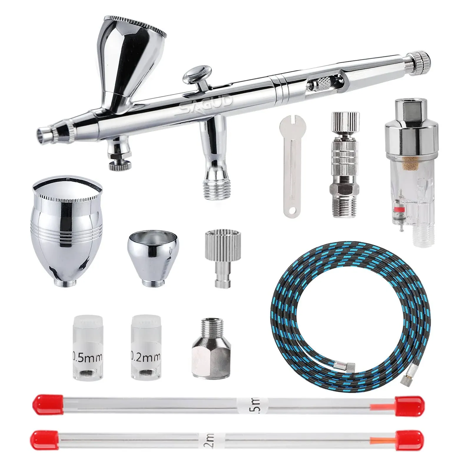 SAGUD Professional Airbrush Kit, Dual-Action Gravity Feed Air Brush Gun with 0.2 0.3 0.5mm Nozzles Needles for Shoes,Cake,Nails,Body,Hobby.