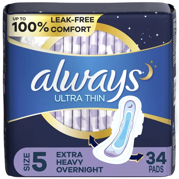 Always Ultra Thin Overnight Pads with Wings, Size 5, Extra Heavy Overnight, 46 Ct