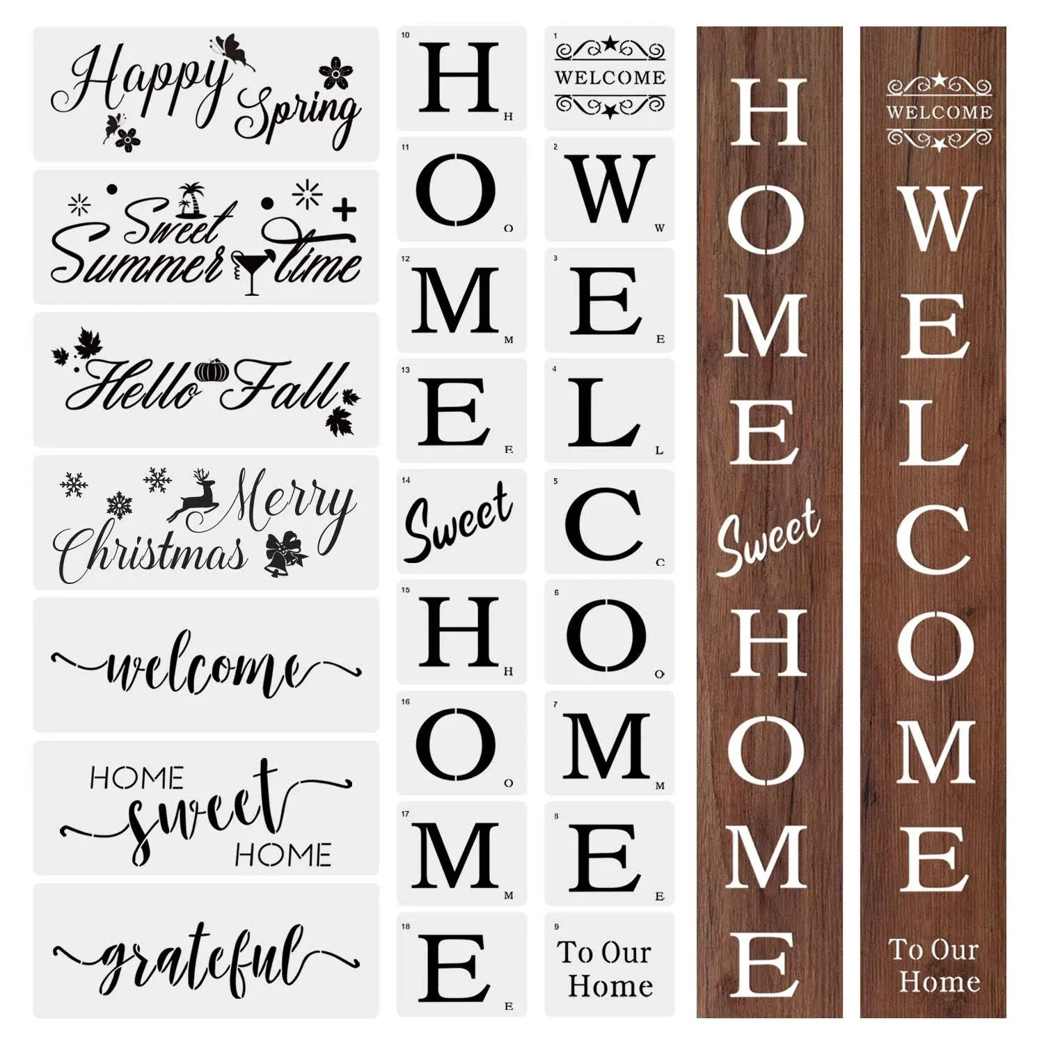 25 PCS Large Welcome and Home Sign Stencils Kit, Welcome Stencil Sweet Home Stencil Seasonal Stencils Grateful Reusable Template for Creating Painting Beautiful Wood