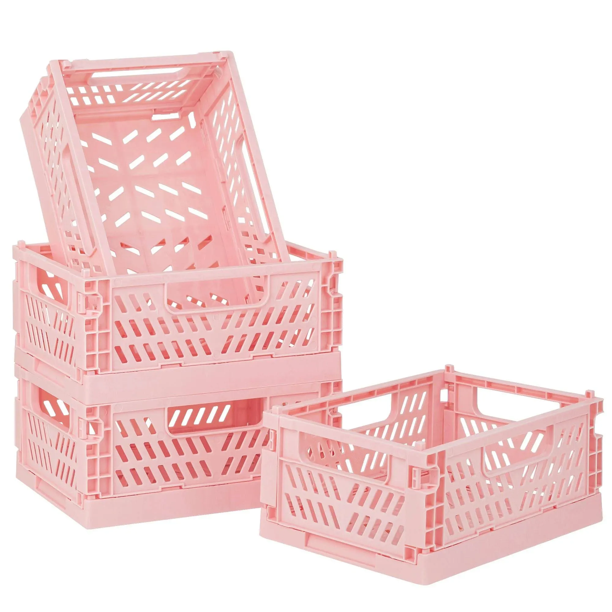 4-Pack Pink Plastic Storage Crate Small Baskets for Organizing Collapsible Storage Crates for Desk Organizers,Stackable Cute Storage Bins for Classroom,Office,Bathroom 5.9"x 3.9" x 2.3"