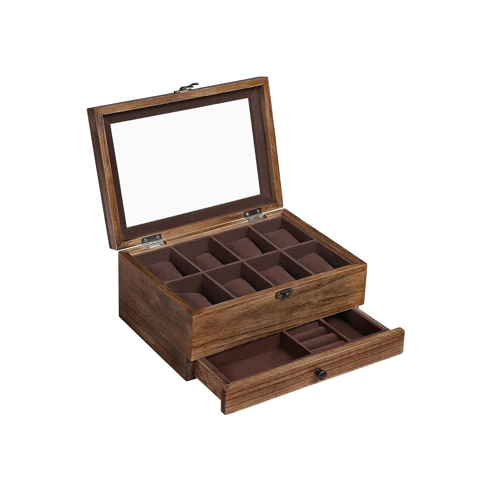 SONGMICS 2-Tier Watch Box with Glass Lid, Rustic Walnut / 8 Slot