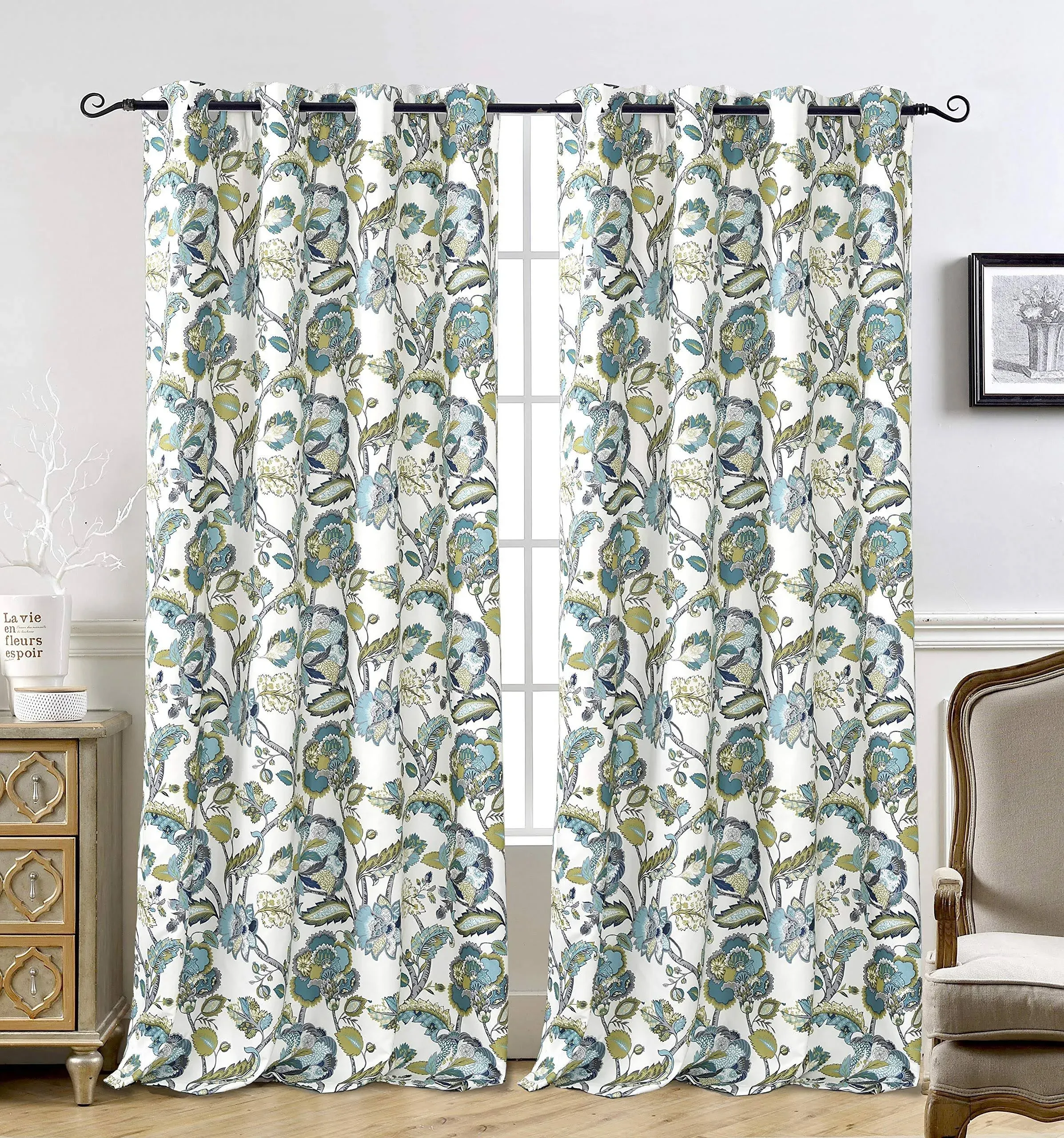 Driftaway Layla Classic America Style Floral Leaves Room Darkening Window Curtain Grommet 2 Panels Teal Gray 96"L x 52"W