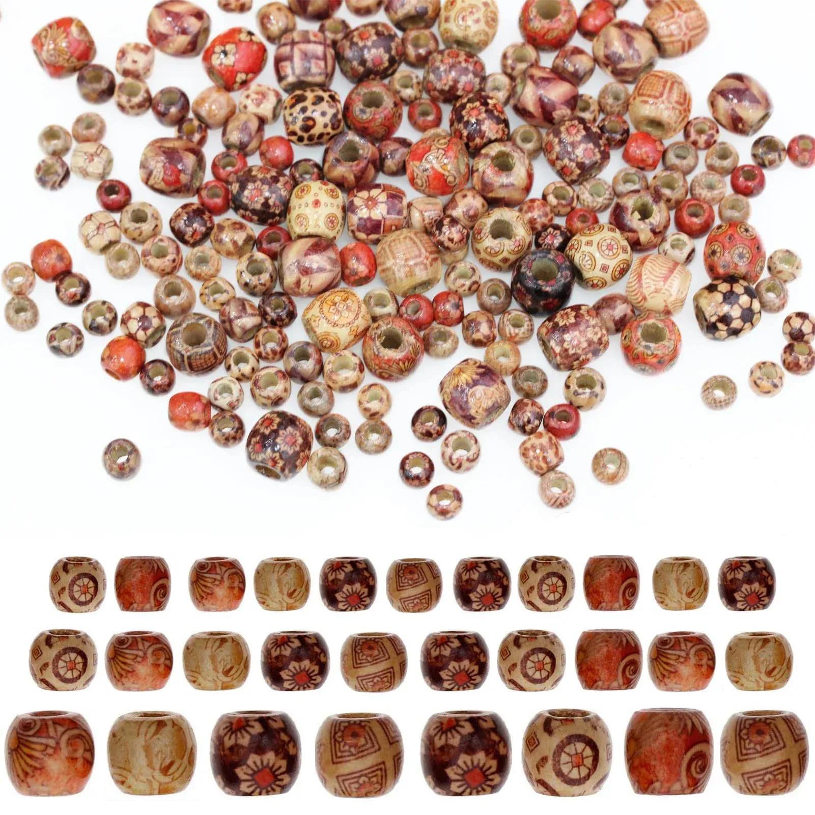 300pcs Mixed Painted Drum Wood Spacer Beads, BetterJonny Barrel Wood Beads Loose Wood Beads Bulk for Hair, DIY Making Bracelet Necklace Jewelry Craft Project（16mm,12mm,10mm）