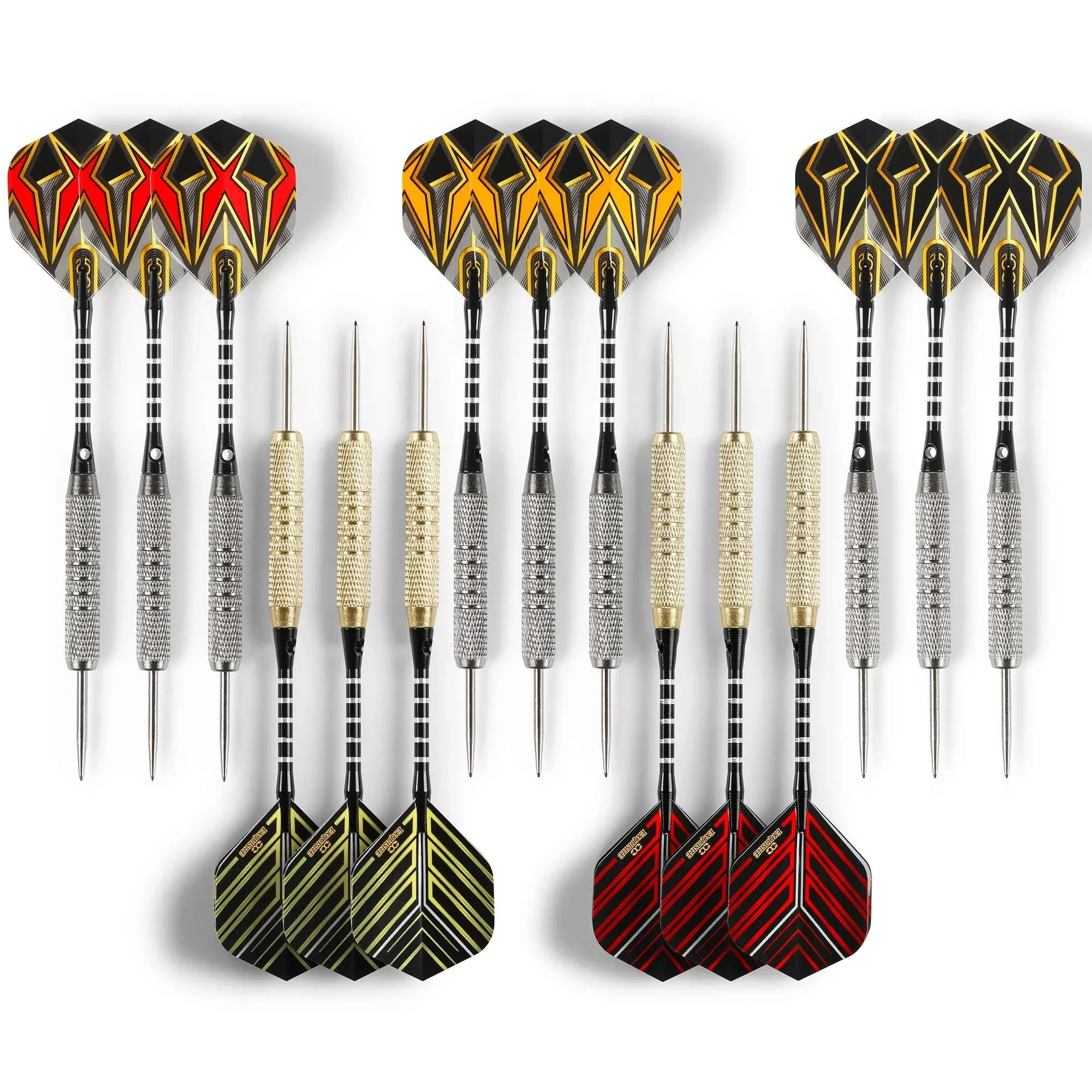 CC-Exquisite Professional Steel Tip Darts Set - 6 x 22g Brass Barrels with 12 Flights Standard/Slim, 12 Aluminum Shafts 35/48mm, 12 O-Rings, Dart Tool, Dart Sharpener and Case (Black & Gold)