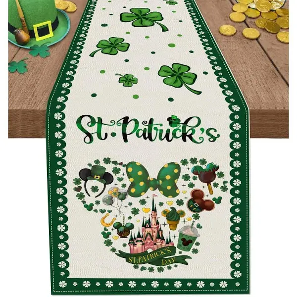 St. Patrick&#039;S Day Table Runner 13 X 72 Inches - Cartoon Mouse Head Shamrock Runn