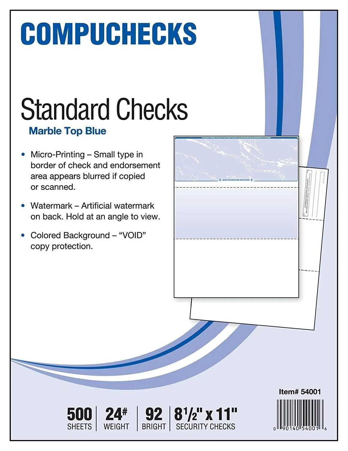 Compuchecks Check on Top Blank Check Paper - 500 Pack, Quick-Books & Laser Printer Compatible - Security Business Checks with Voucher - 8.5" x 11" Blue Marble