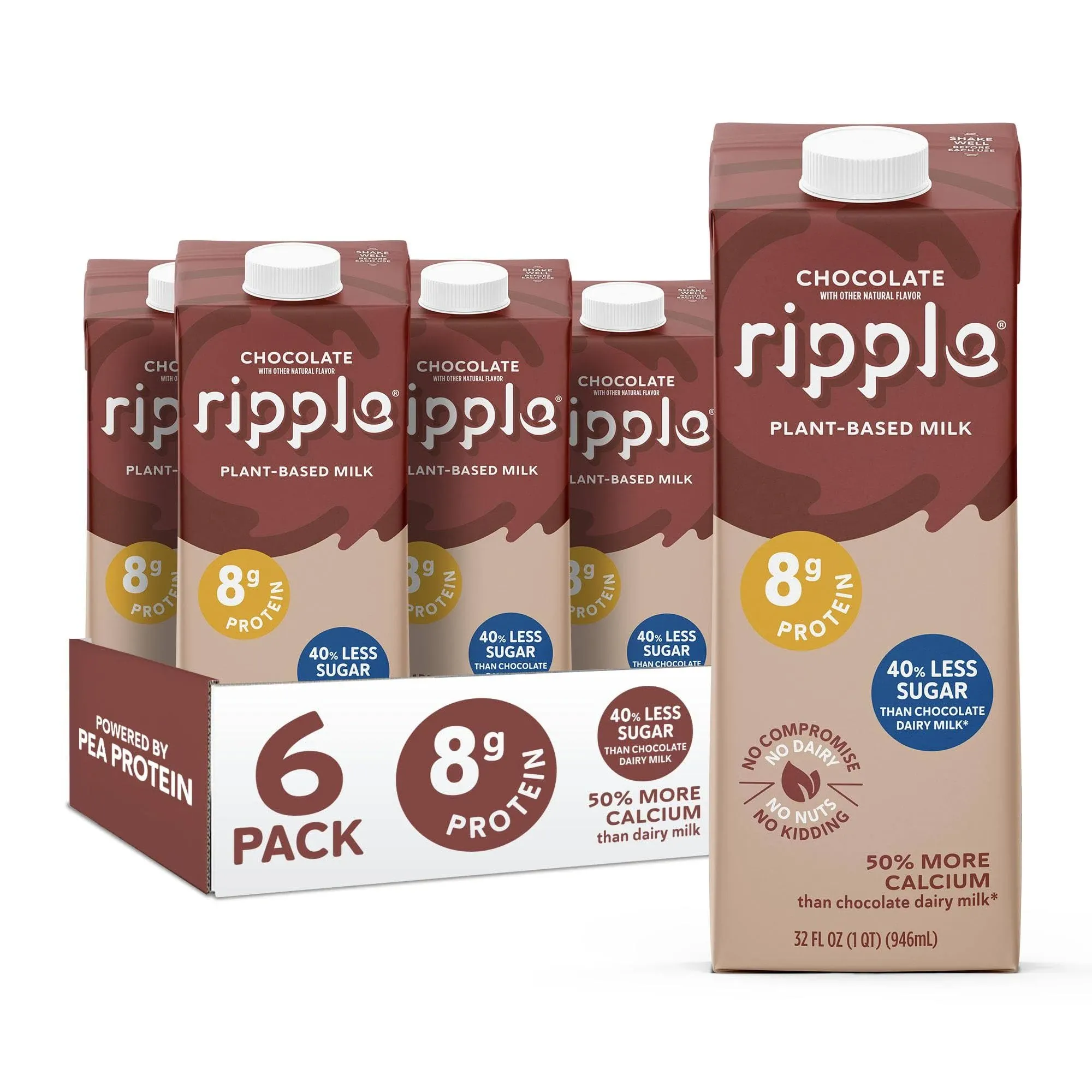 Ripple Non-Dairy Milk, Chocolate | 6 Pack | Vegan Milk With 8g Pea Protein Per Serving | Shelf Stable Carton | Non-GMO, Plant Based, Gluten Free, Low Sugar, Nut Free | 32 oz