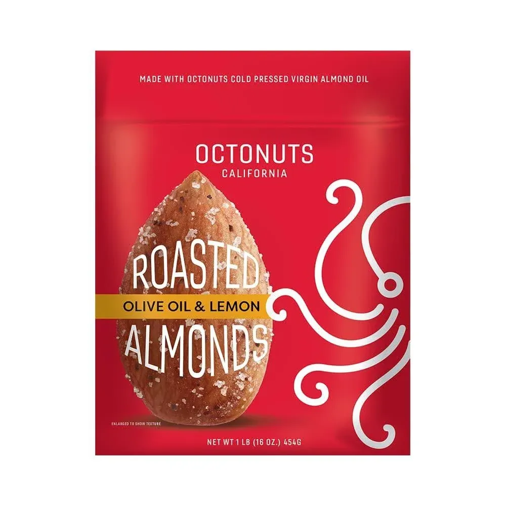 Octonuts Oil Roasted California Almonds 16 Ounce - Olive Oil & Lemon Almond Snack - Gluten Free, Paleo Vegan, Kosher, Keto, Non-GMO