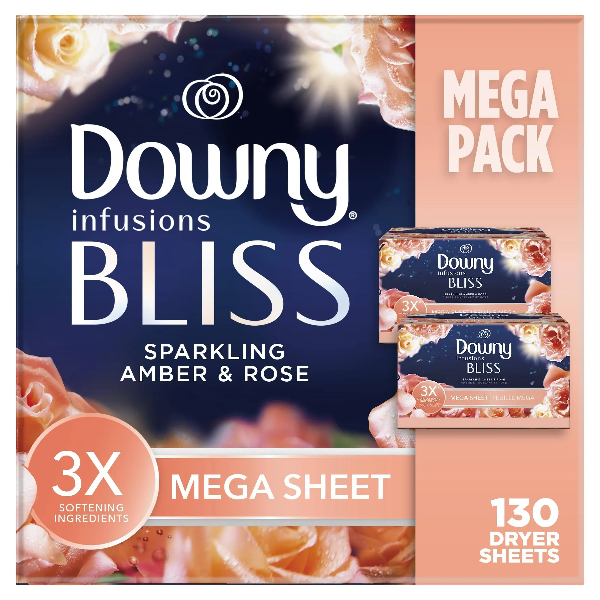 Downy Infusions Sparkling Amber & Rose Bliss Mega Dryer Sheets 130 Count