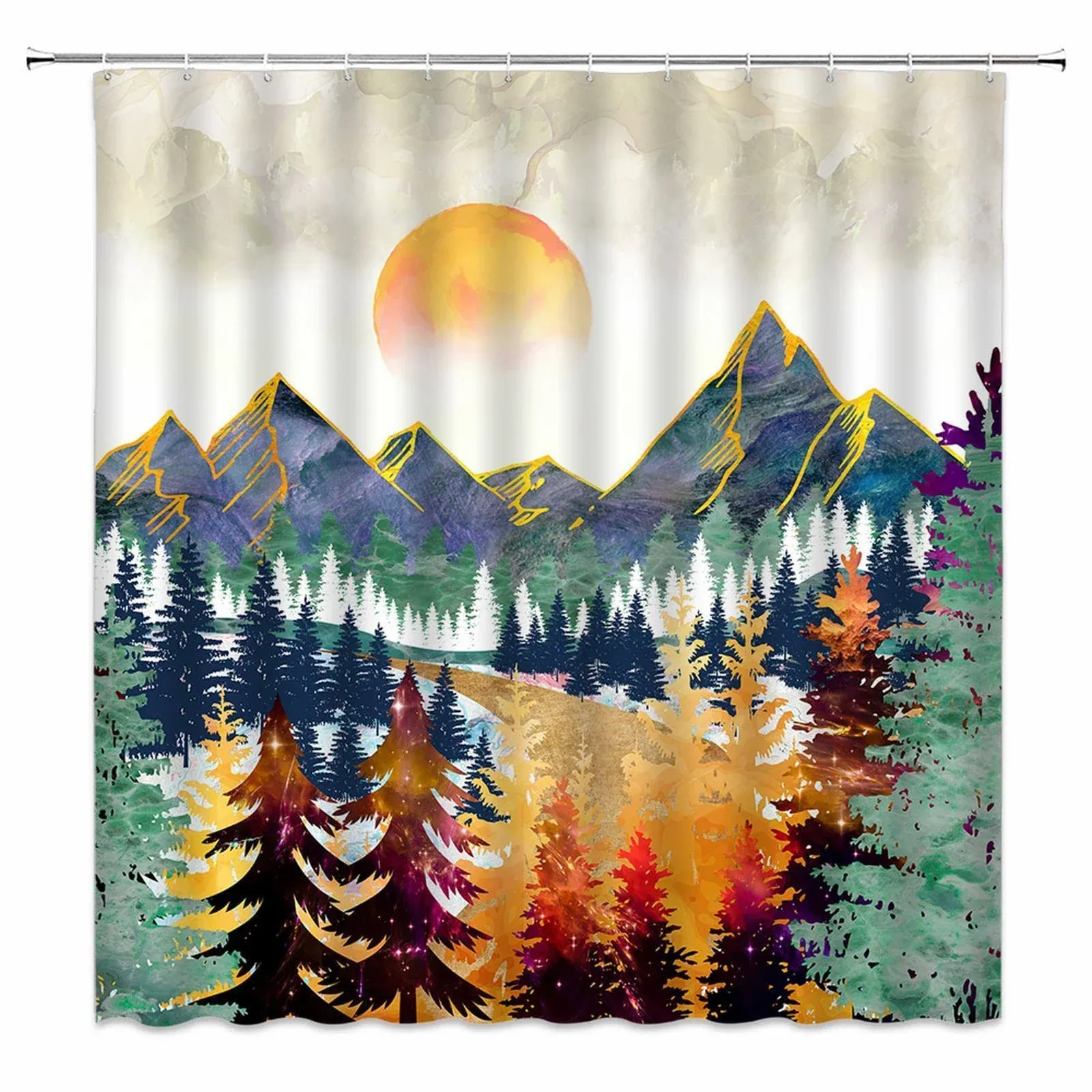 Abstract Mountain Shower Curtain Nature Watercolor Sunrise Sunset Landscape Colorful Forest Bathroom Curtain with Hooks,70''x70''