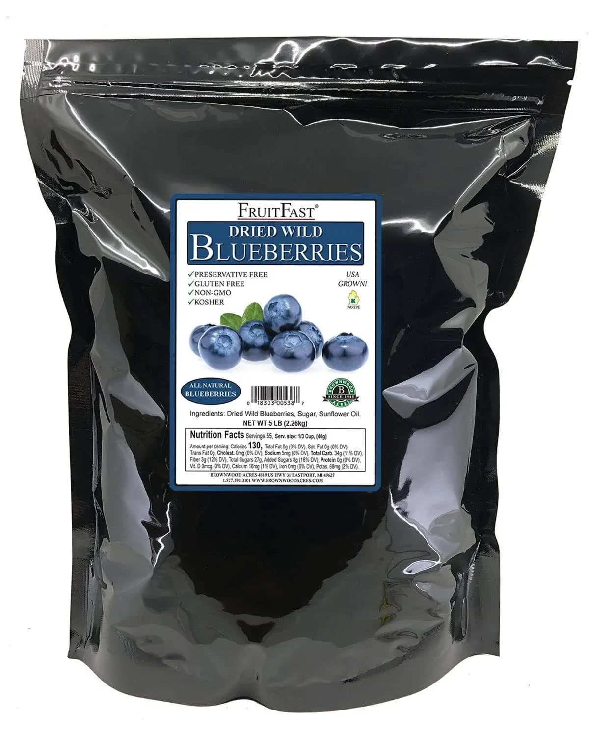 Dried Wild Blueberries by Brownwood Acres - FruitFast | Non-GMO, Gluten Free, Kosher Certified All Natural Healthy Snack Alternative (5 Pound)