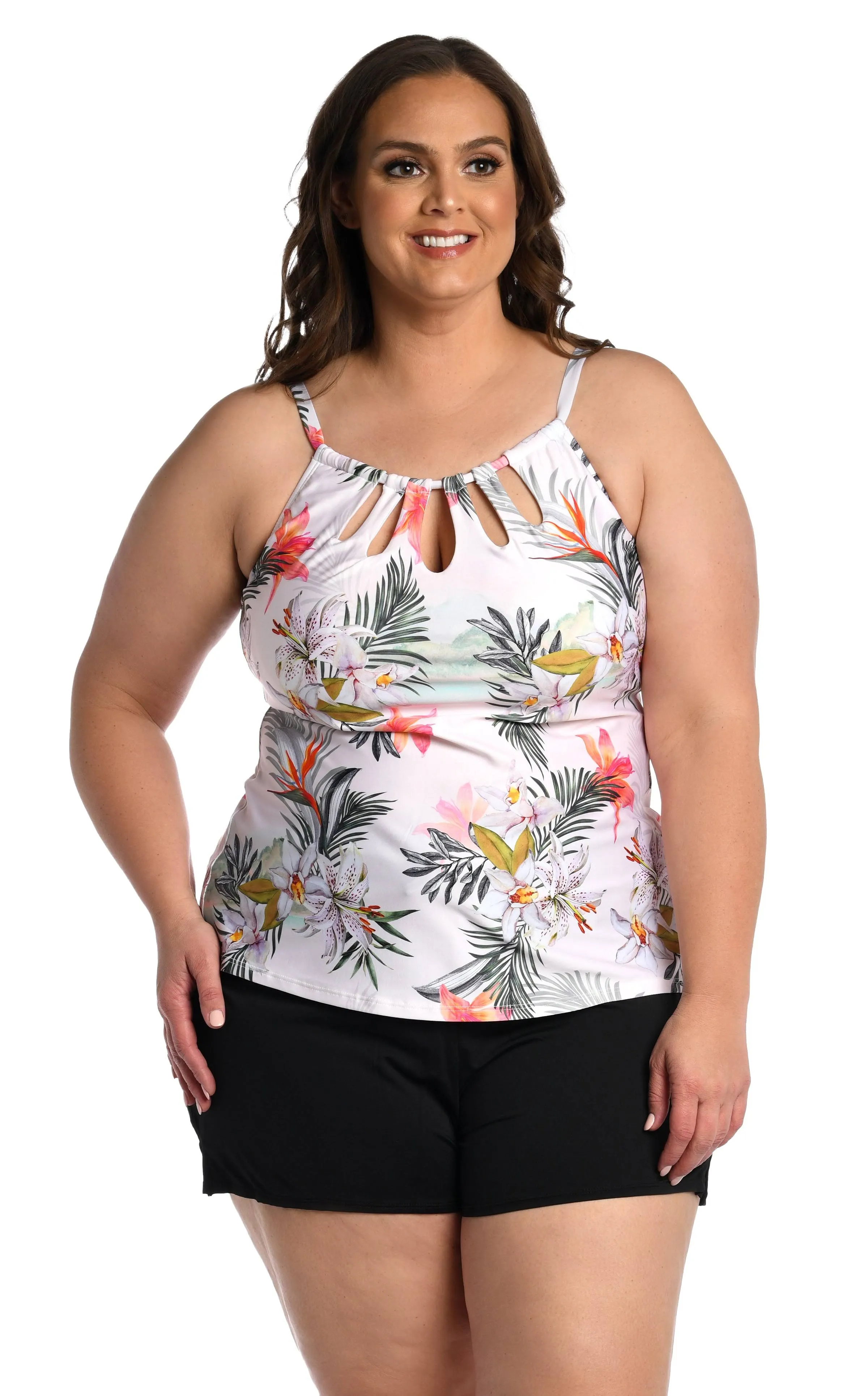 24th Ocean Women Plus Size Tahiti Skies Floral Print Cutout High Neck Tankini ...