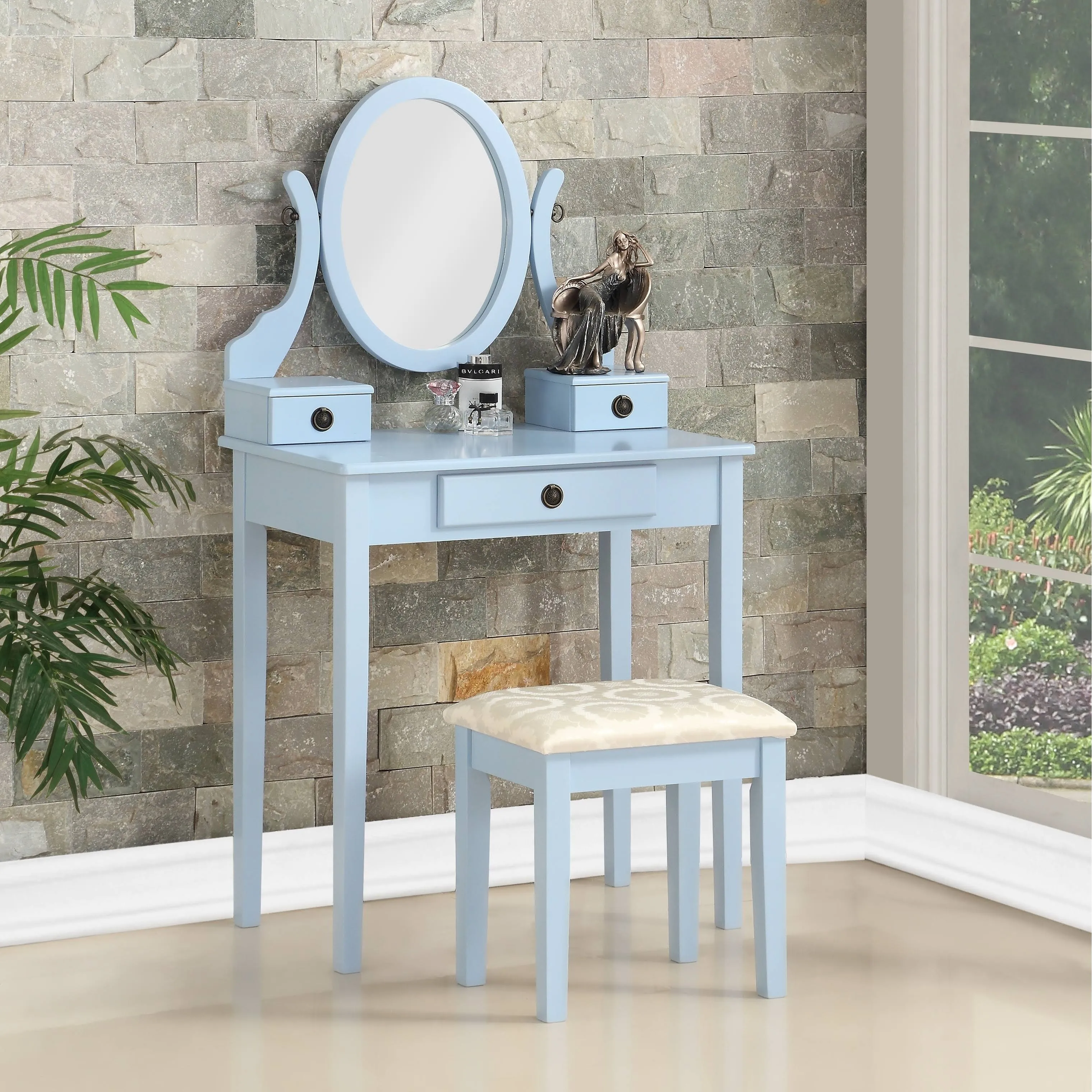 Roundhill Furniture Moniys Wood Moniya Makeup Vanity Table and Stool Set, Blue