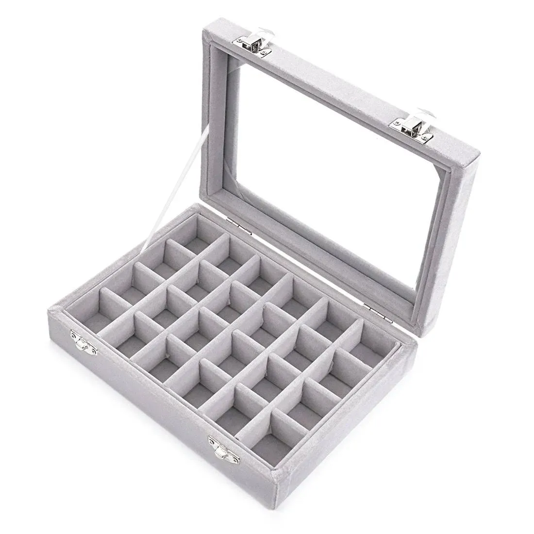 24 Grids Velvet Glass Ring Earrings Jewelry Box Earrings Organiser Storage Holder Display Case