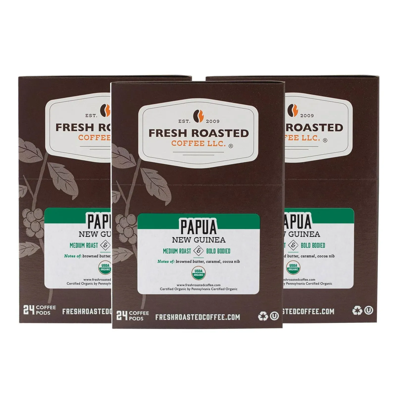 Fresh Roasted Coffee, Organic Papua New Guinea, Medium Roast, 72 Pods for K Cup Brewers