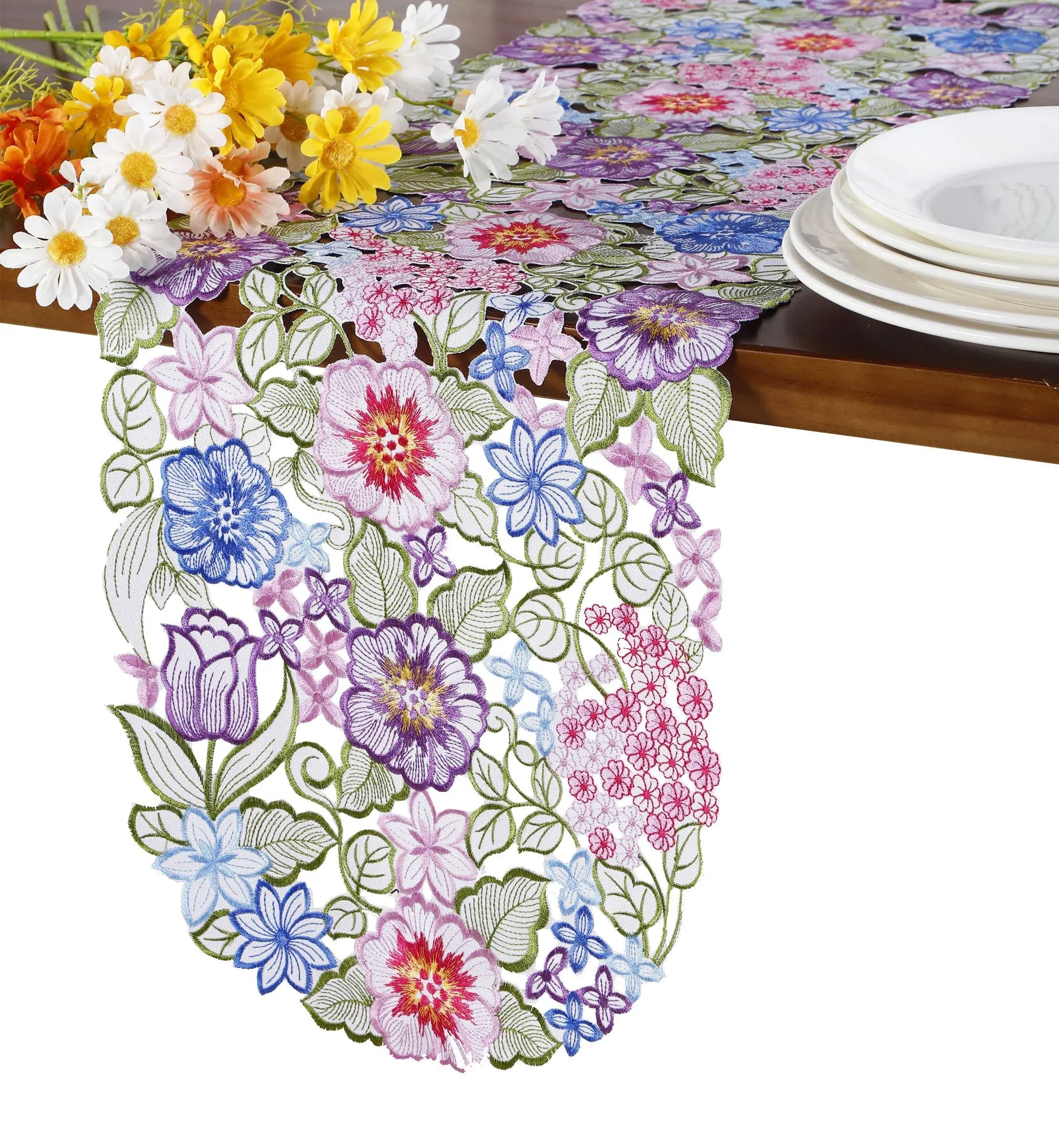 Flowery Table Runner 13&#034;โ€”54&#034; Cutwork Embroidered Floral Flower Dresser Scar...