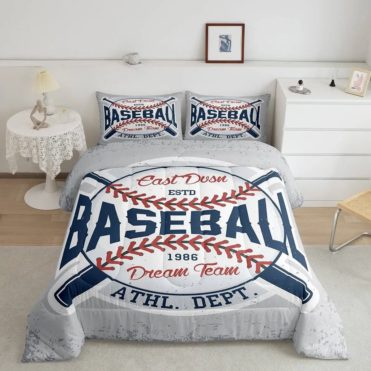 Homewish Baseball Comforter Set Vintage Sports Baseball Bedding Set 3pcs for